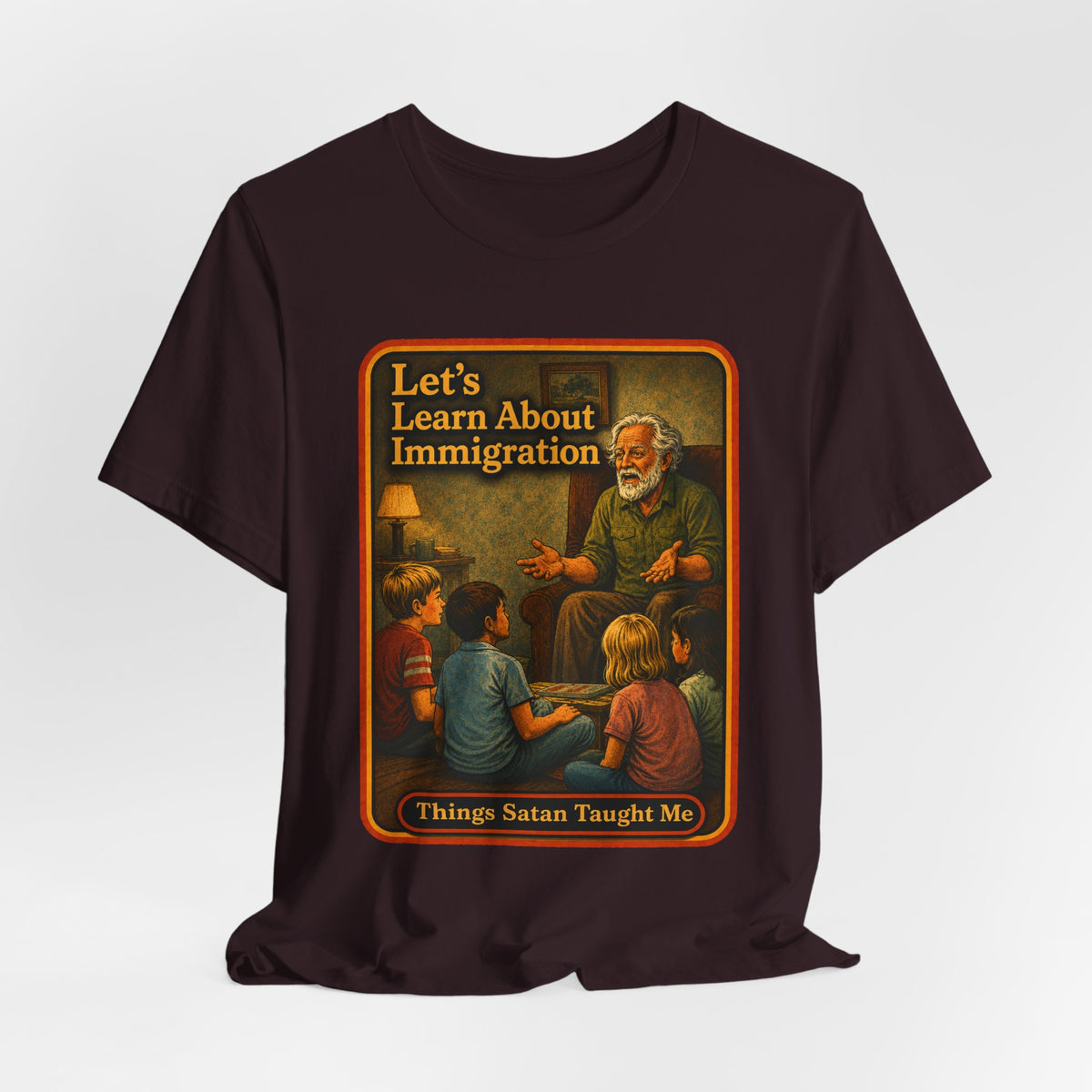 Let's Learn About Immigration Unisex Tee in Oxblood Black, view 4