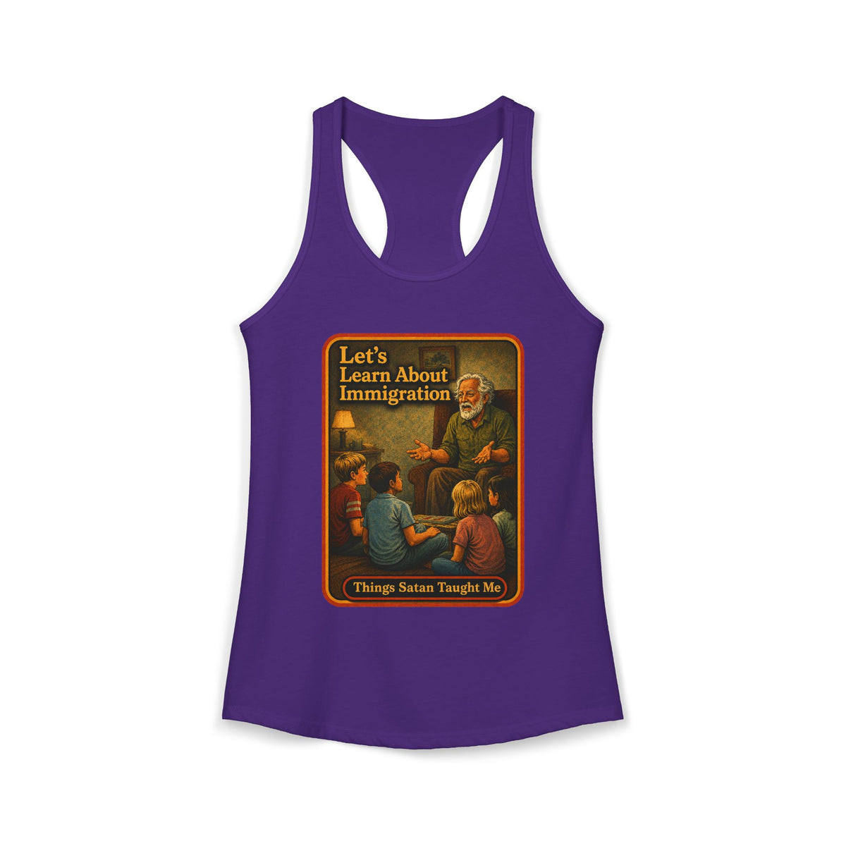 Let's Learn About Immigration Racerback Tank in Purple Rush, front