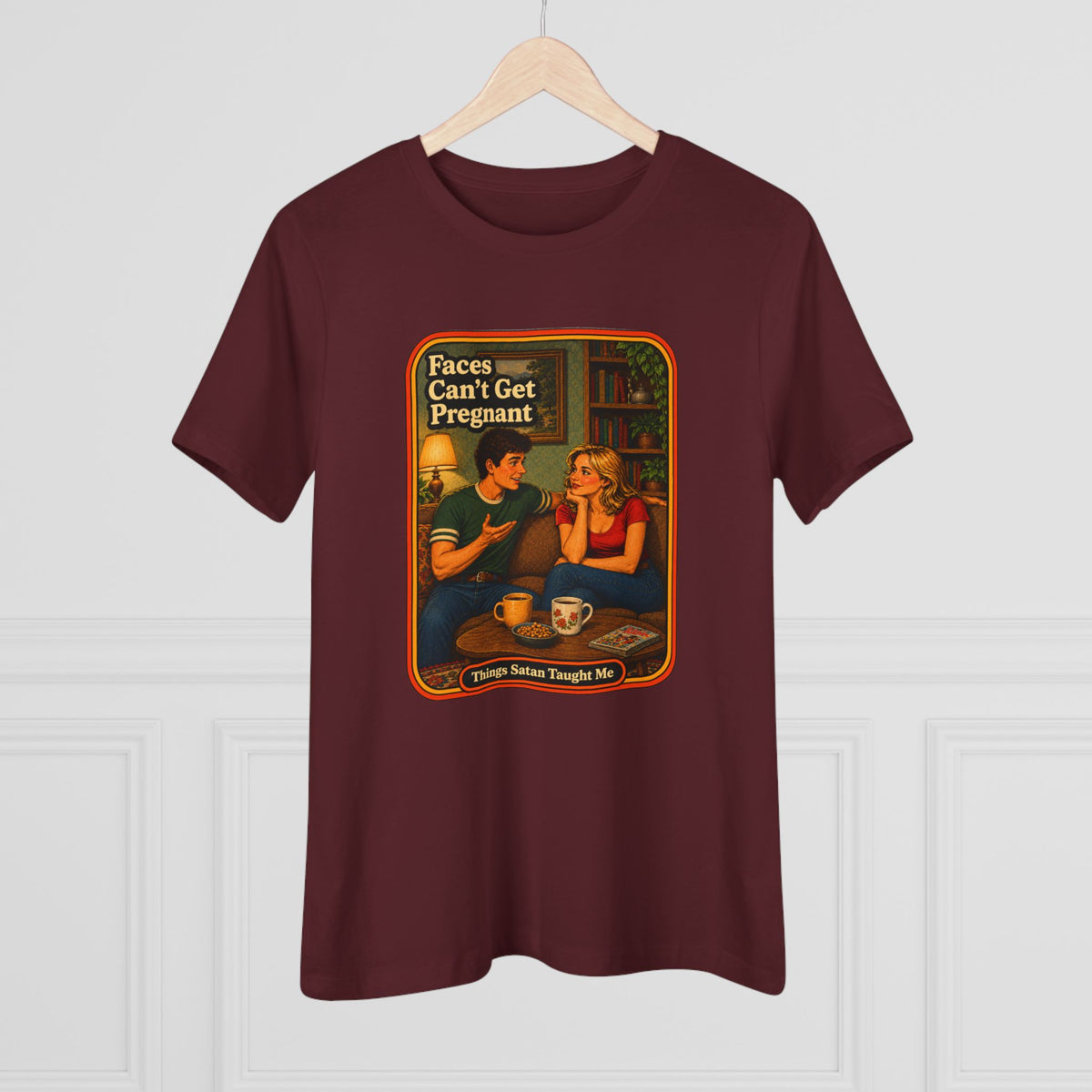 Faces Can't Get Pregnant Women's Tee in Maroon, view 4