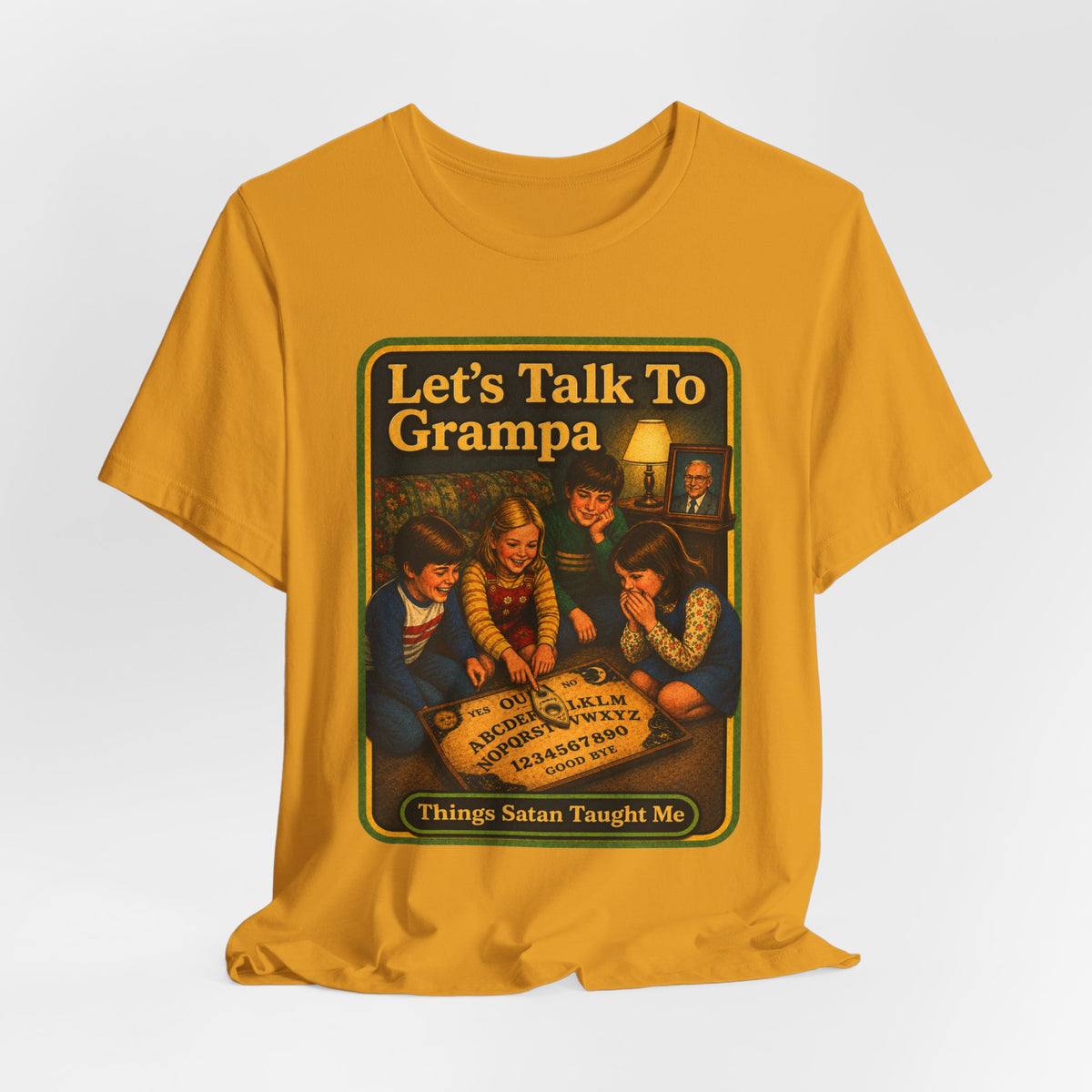 Let's Talk To Grampa Unisex Tee in Mustard, view 4