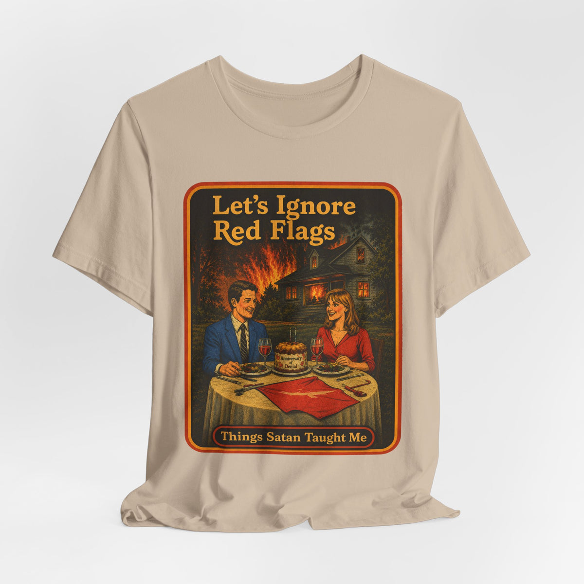Let's Ignore Red Flags Unisex Tee in Tan, view 4