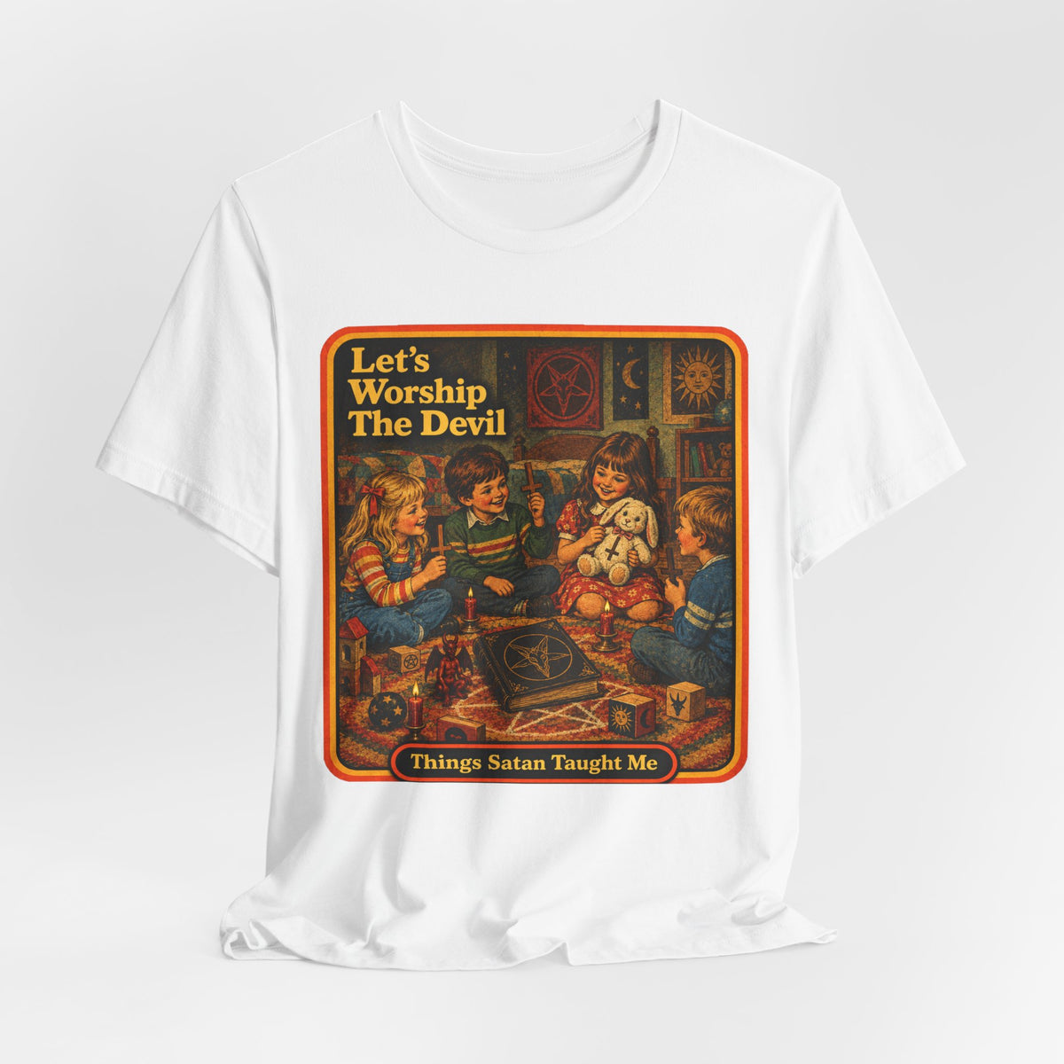 Let's Worship The Devil Unisex Tee in White, view 4