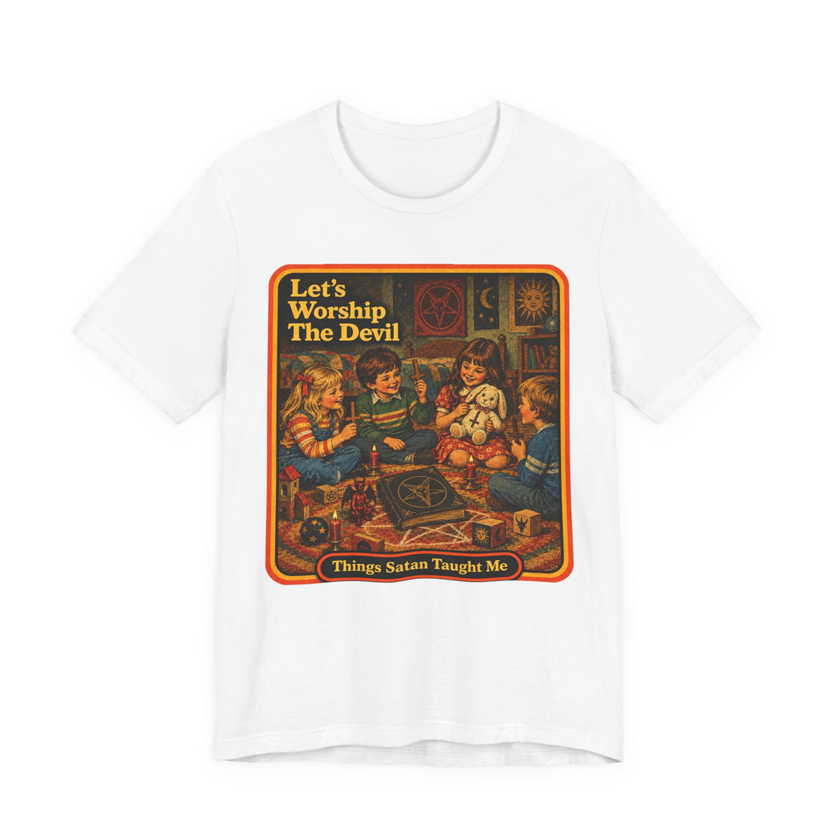 Let's Worship The Devil Unisex Tee in White, front