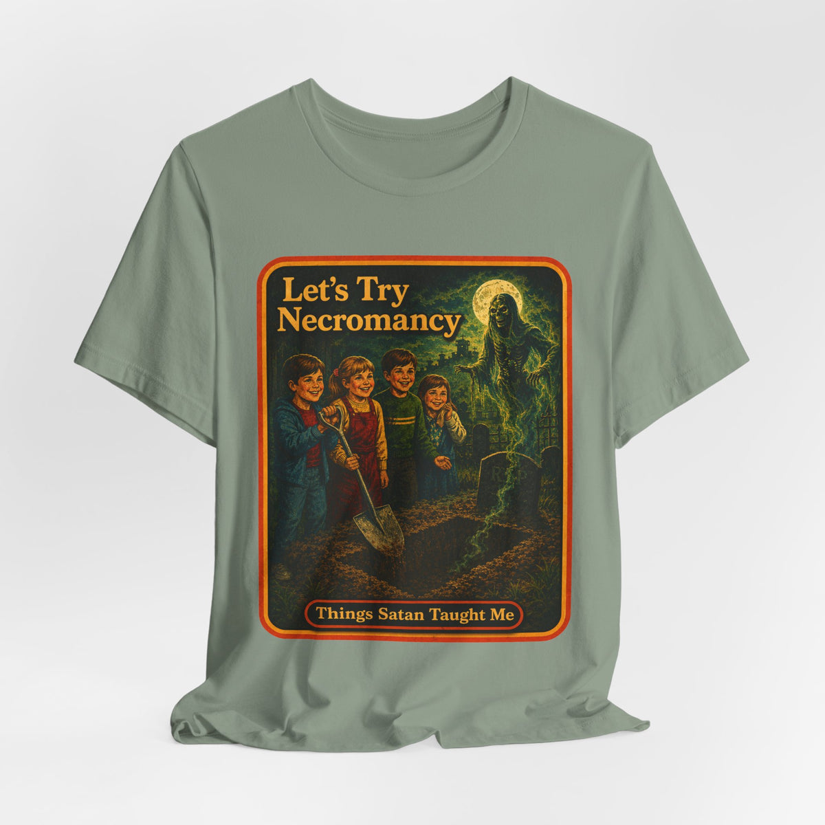 Let's Try Necromancy Unisex Tee in Sage, view 4