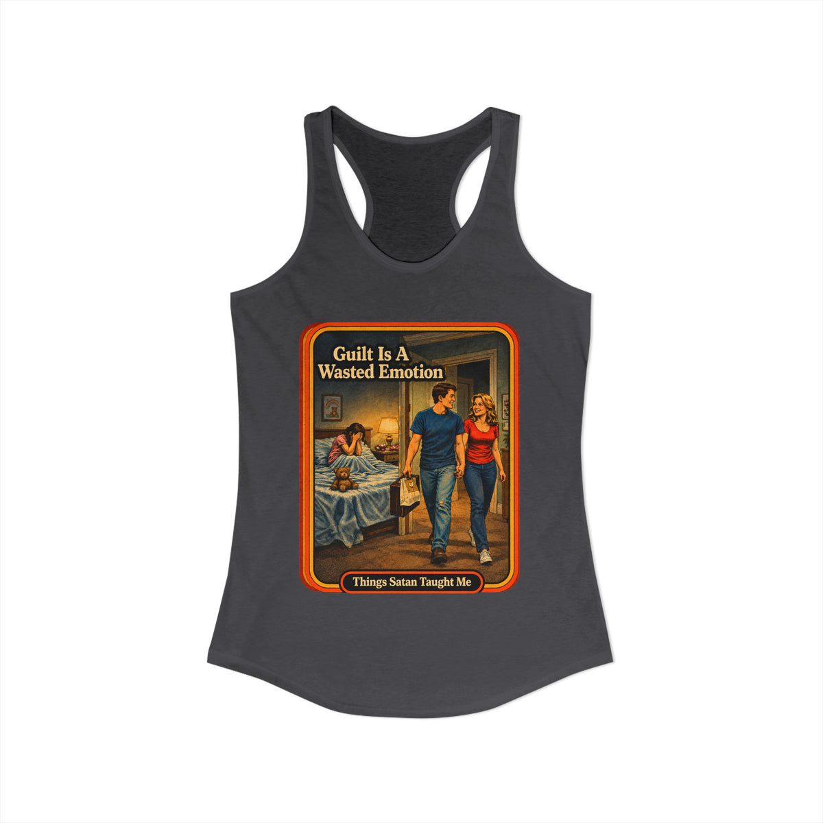 Guilt Is A Wasted Emotion Racerback Tank in Dark Gray, view 2