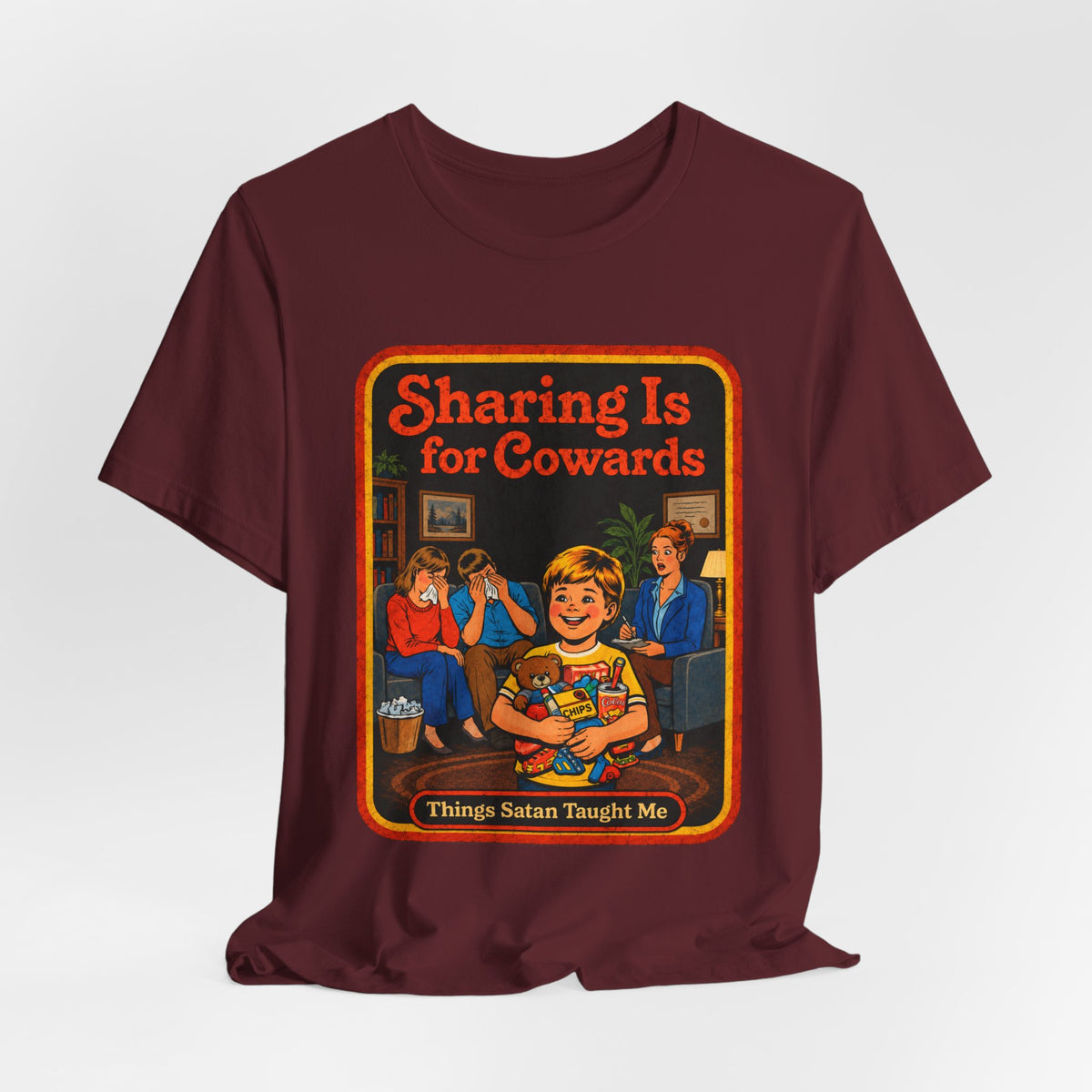 Sharing Is For Cowards Unisex Tee in Maroon, view 4