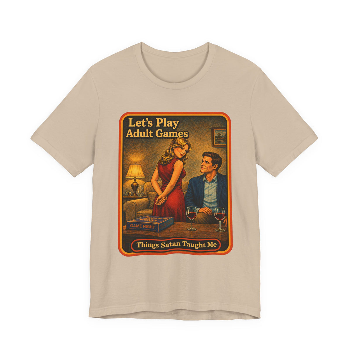 Let's Play Adult Games Unisex Tee in Tan, front