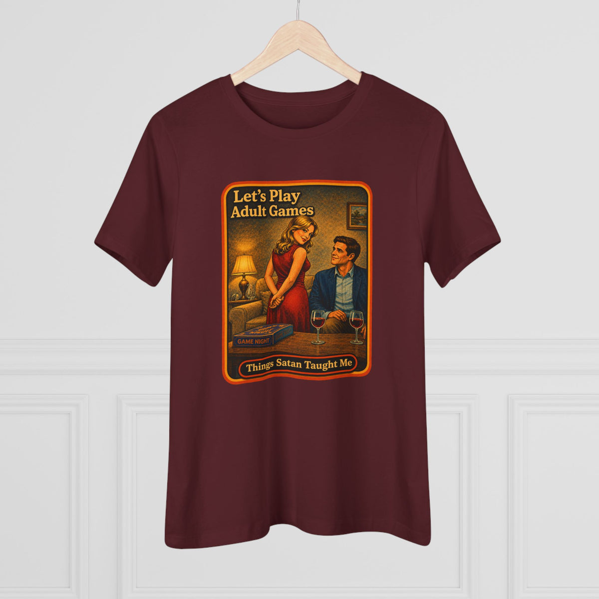 Let's Play Adult Games Women's Tee in Maroon, view 4
