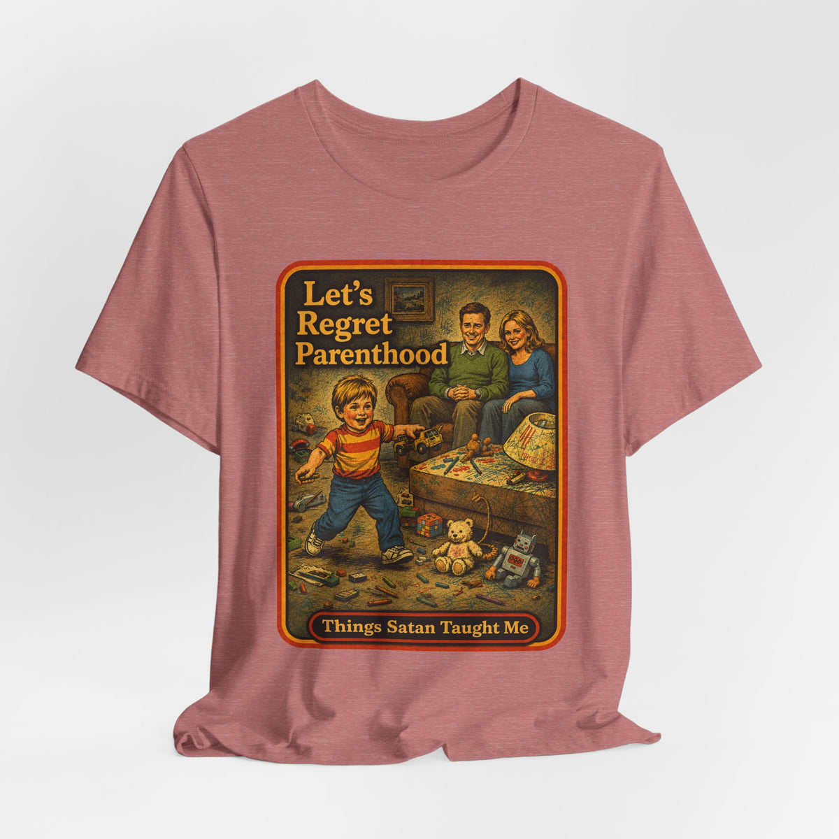 Let's Regret Parenthood Unisex Tee in Heather Mauve, view 4