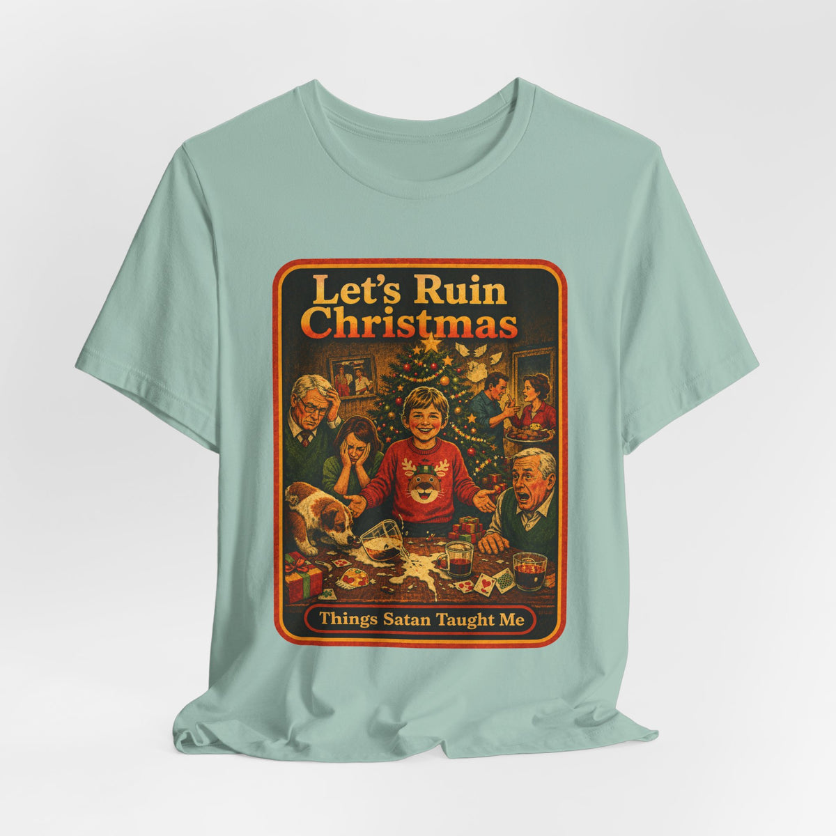 Let's Ruin Christmas Unisex Tee in Dusty Blue, view 4