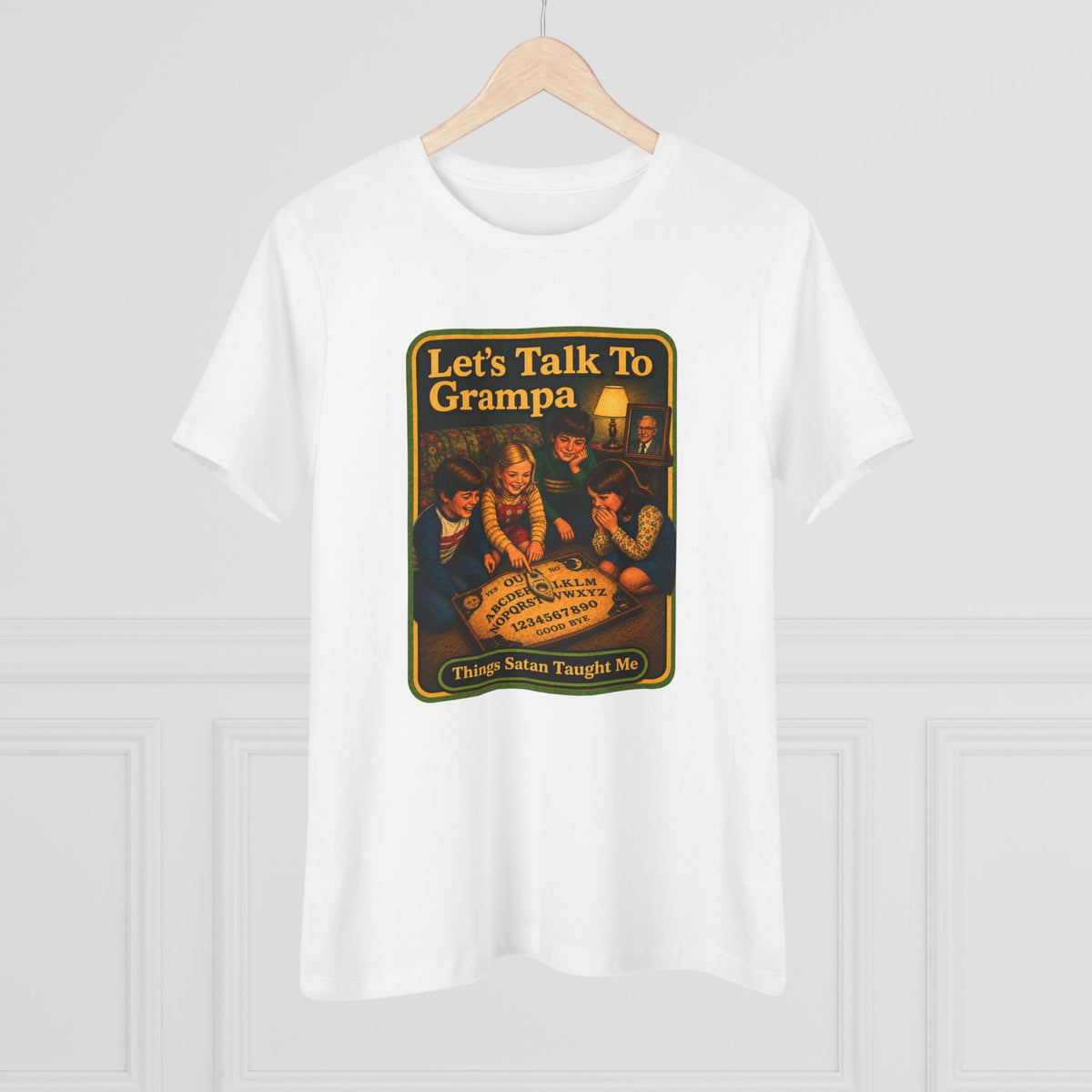 Let's Talk To Grampa Women's Tee in White, view 4