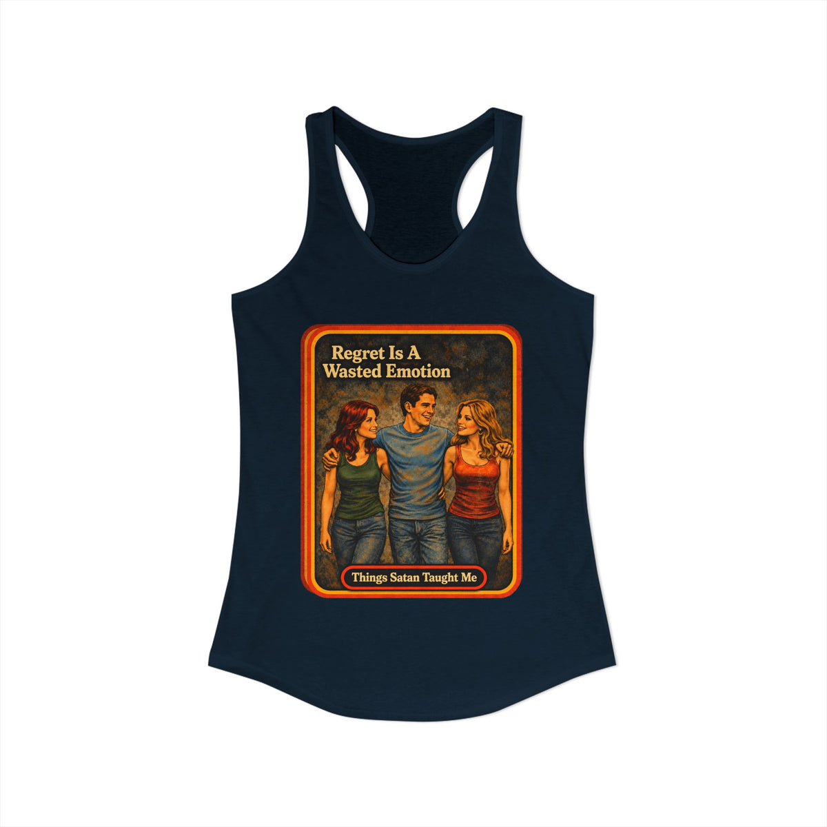 Regret Is A Wasted Emotion Racerback Tank in Midnight Navy, view 2