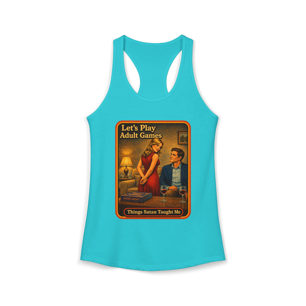 Let's Play Adult Games Racerback Tank in Tahiti Blue, front
