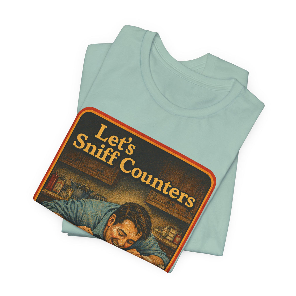 Let's Sniff Counters Unisex Tee in Dusty Blue, view 3