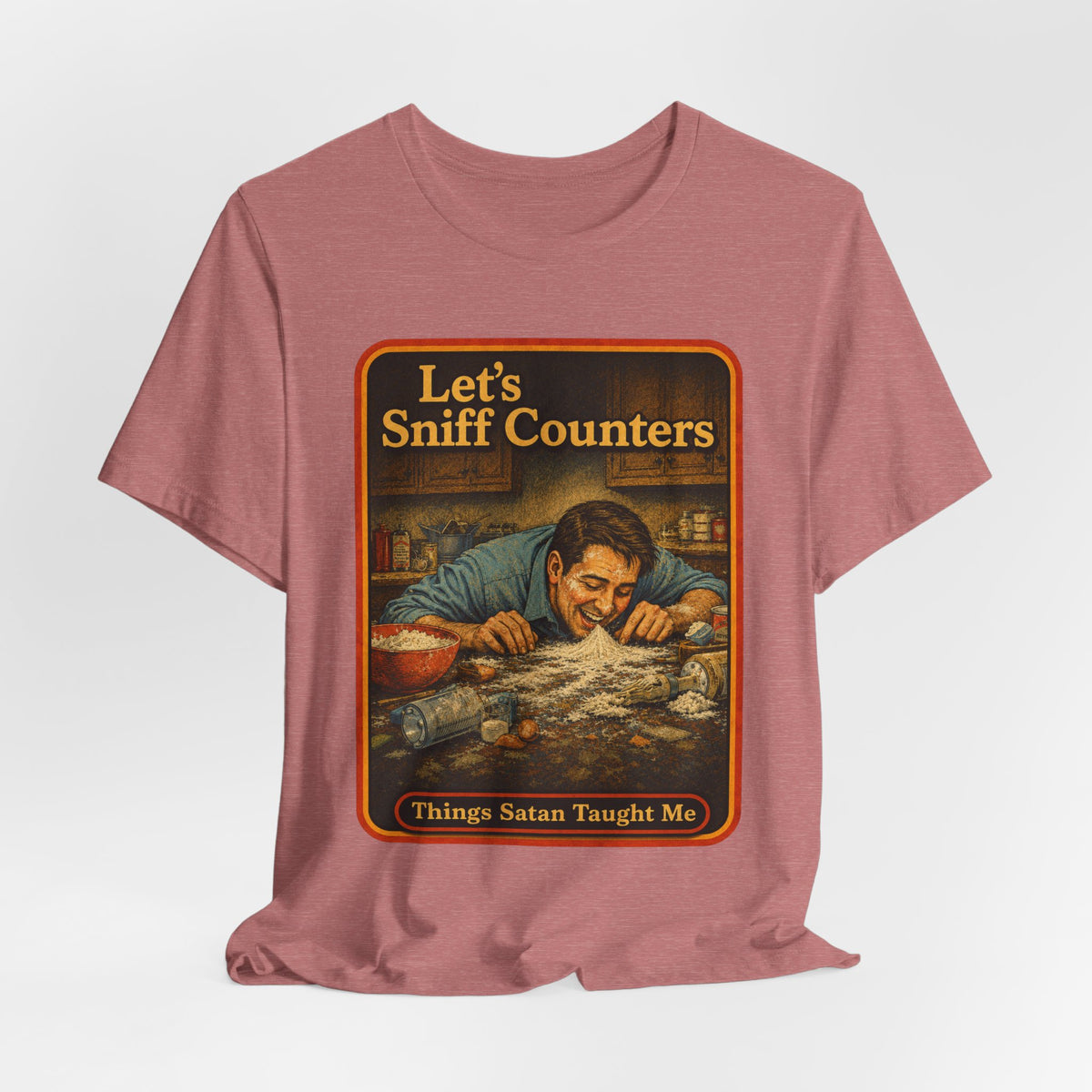 Let's Sniff Counters Unisex Tee in Heather Mauve, view 4