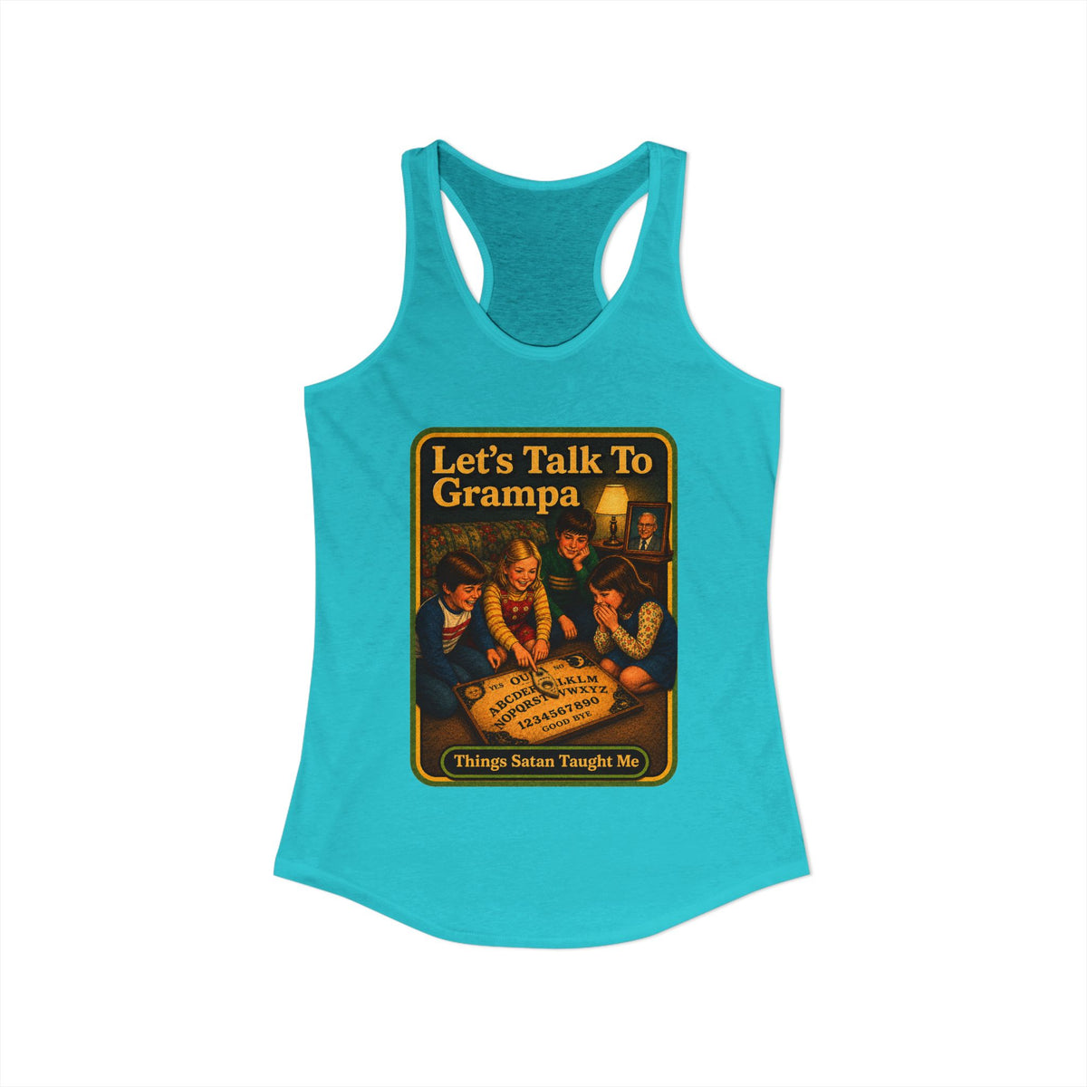 Let's Talk To Grampa Racerback Tank in Tahiti Blue, view 2