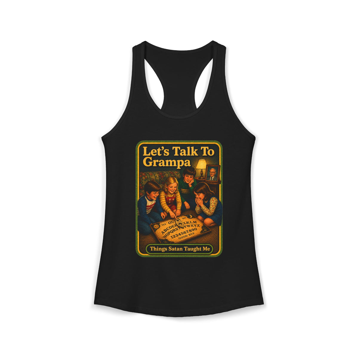 Let's Talk To Grampa Racerback Tank in Black, front