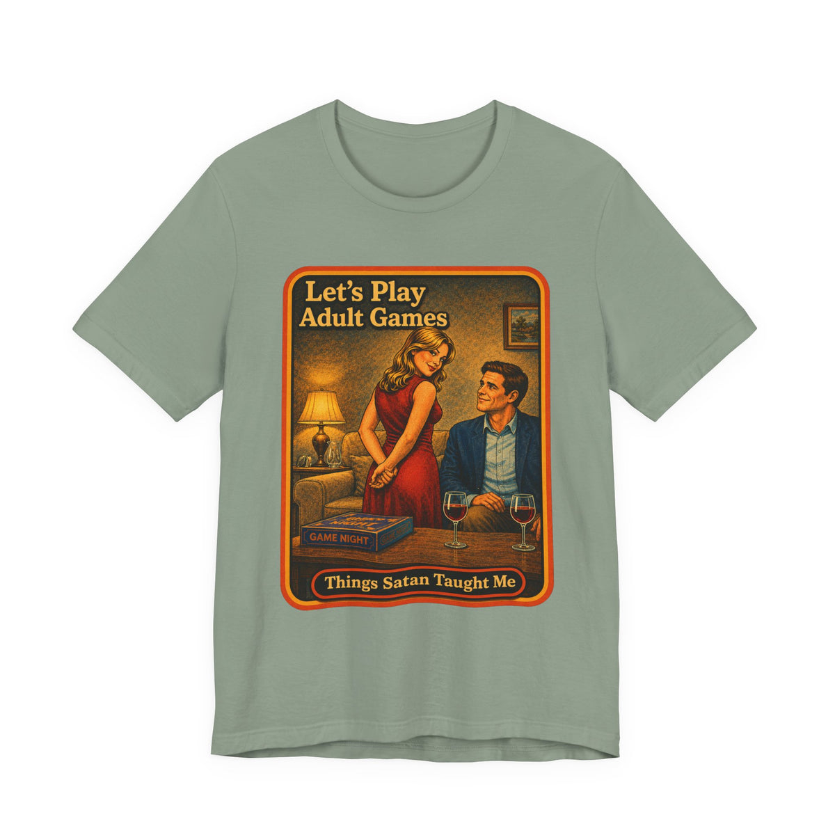 Let's Play Adult Games Unisex Tee in Sage, front