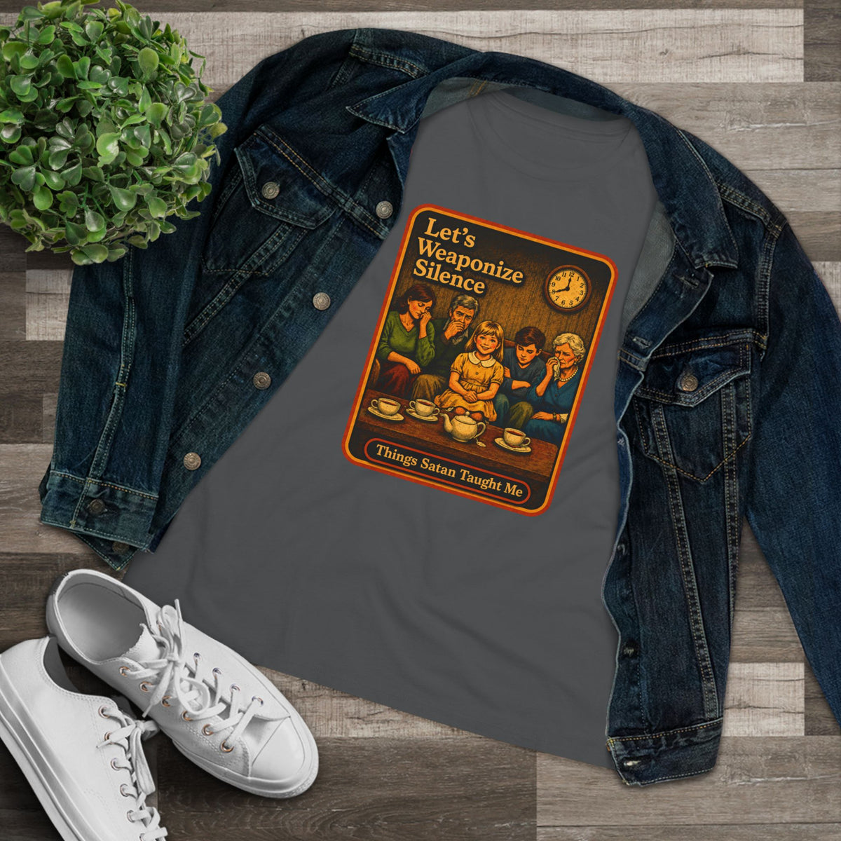 Let's Weaponize Silence Women's Tee in Asphalt, view 3