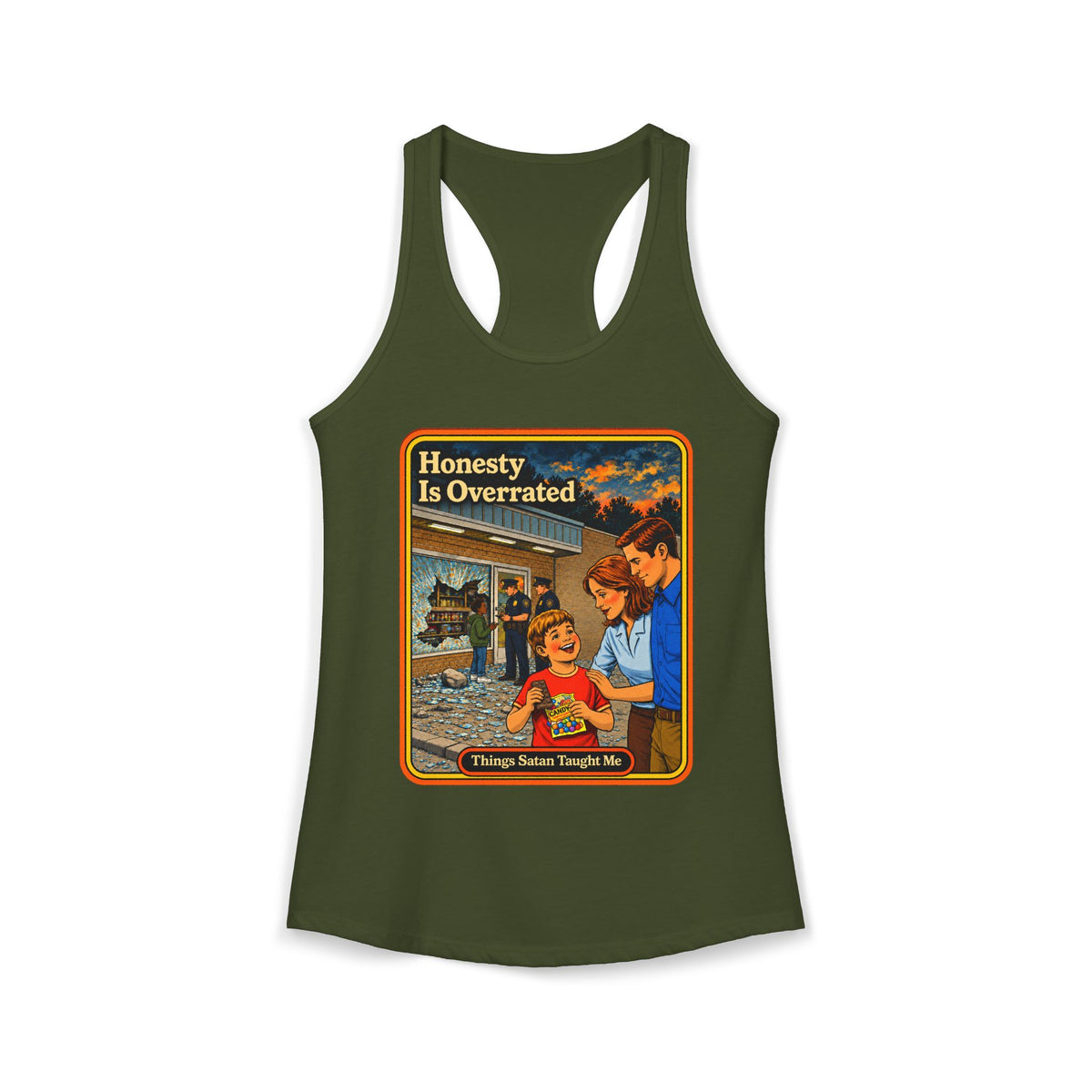 Honesty Is Overrated Racerback Tank in Military Green, front