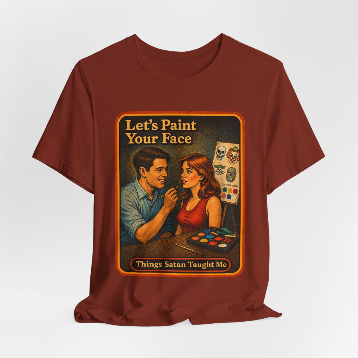 Let's Paint Your Face Unisex Tee in Rust, view 4