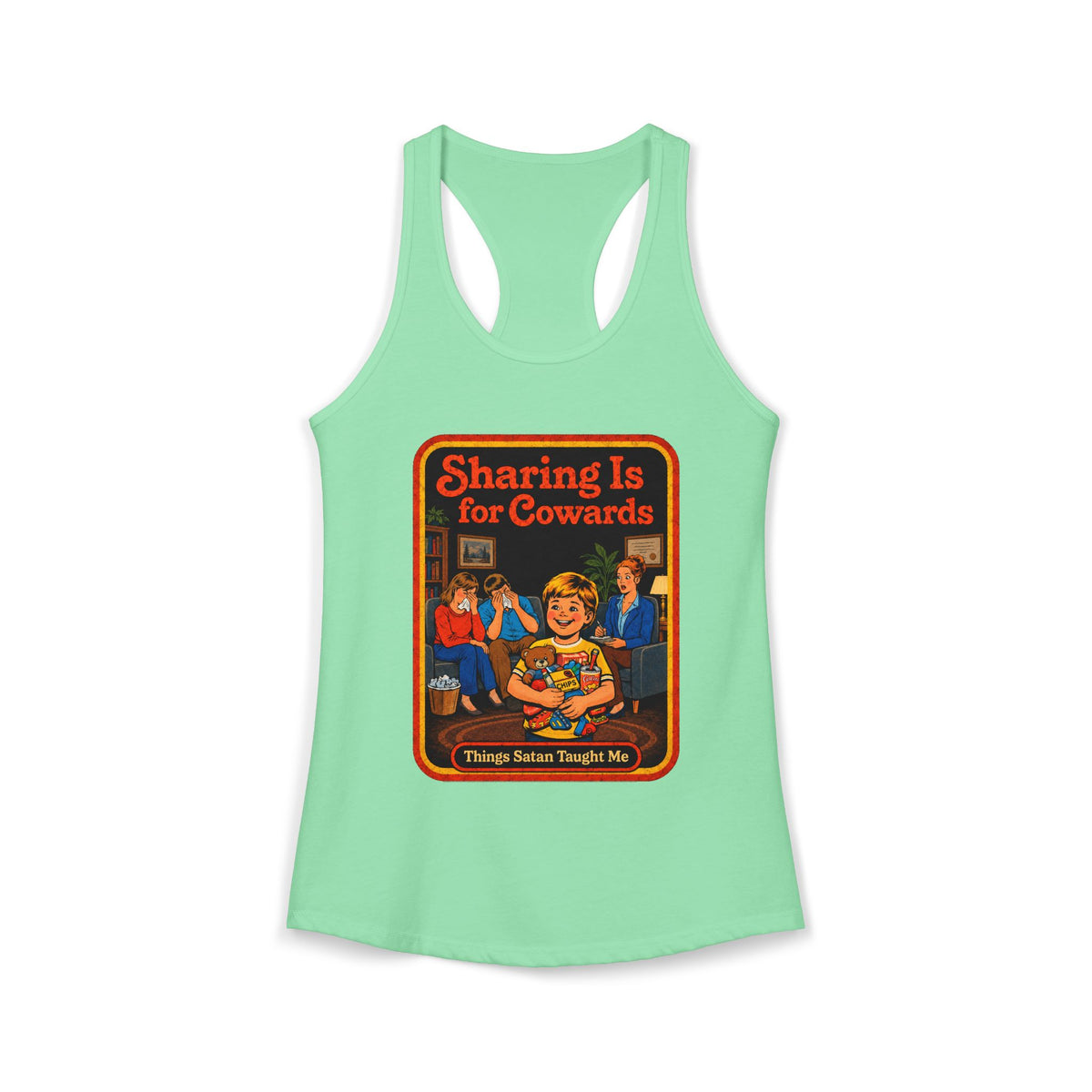 Sharing Is For Cowards Racerback Tank in Mint, front