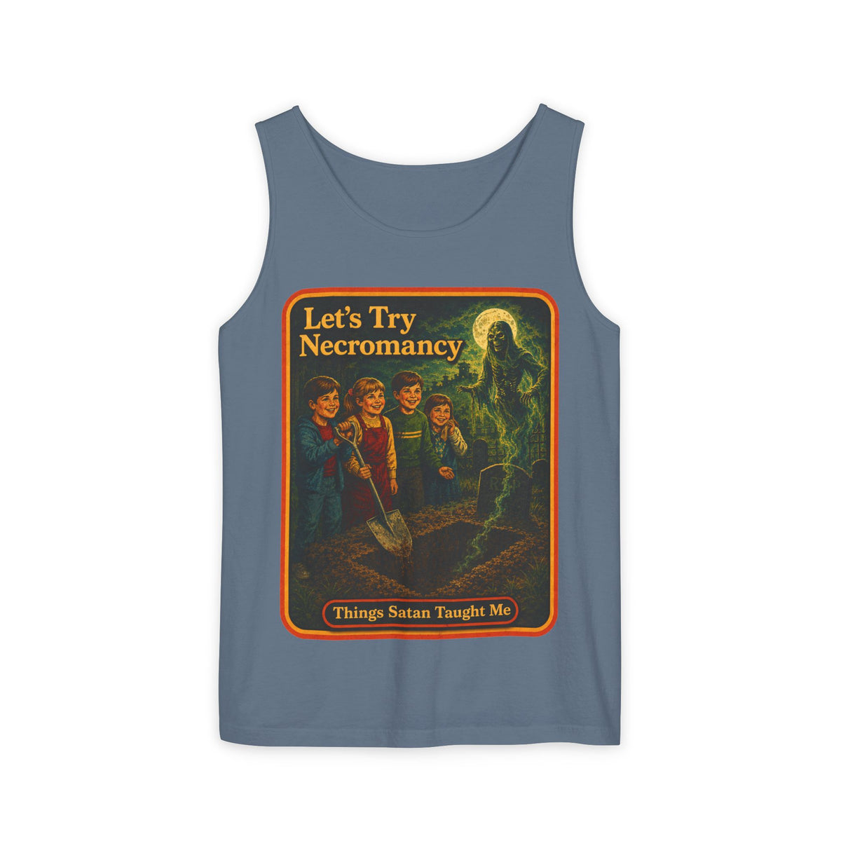 Let's Try Necromancy Wife Beater in Blue Jean, front