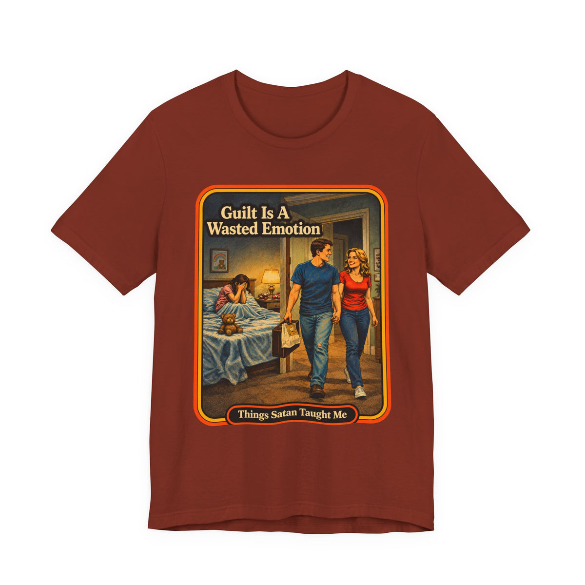 Guilt Is A Wasted Emotion Unisex Tee in Rust, front