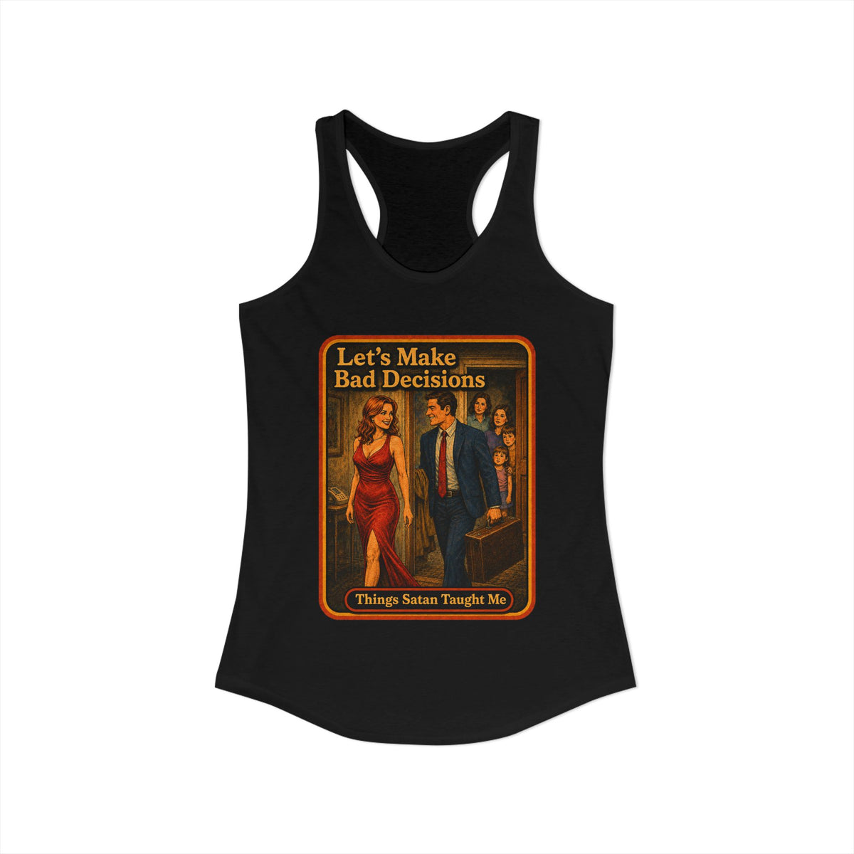 Let's Make Bad Decisions Racerback Tank in Black, view 2