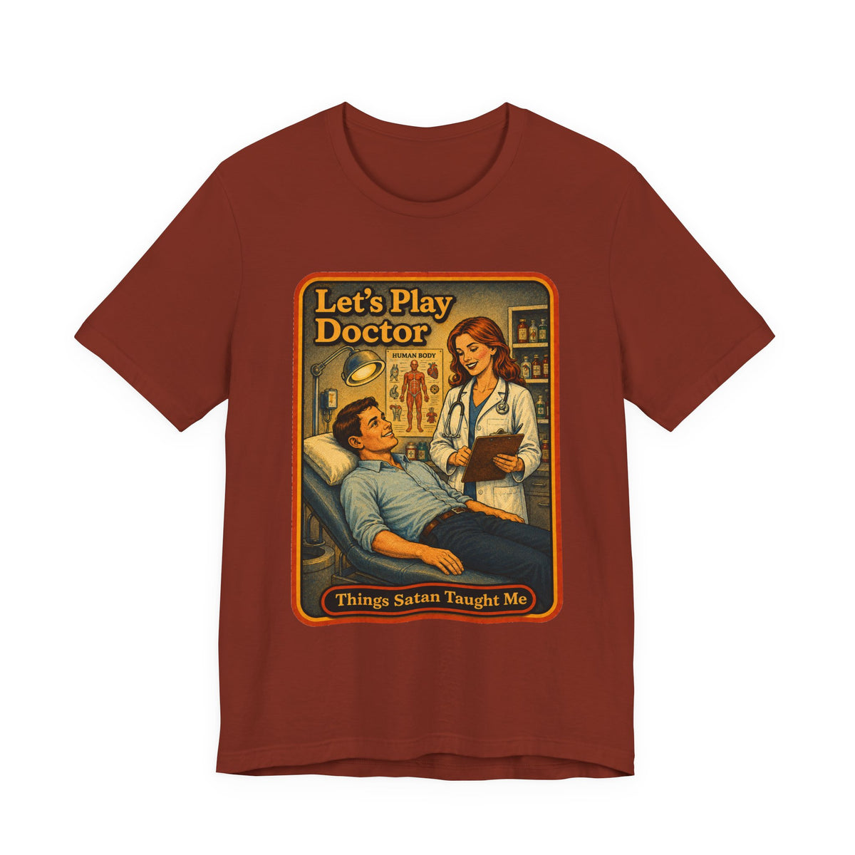Let's Play Doctor Unisex Tee in Rust, front