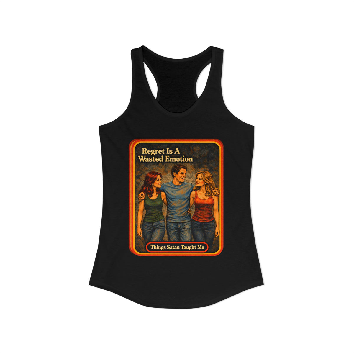 Regret Is A Wasted Emotion Racerback Tank in Black, view 2