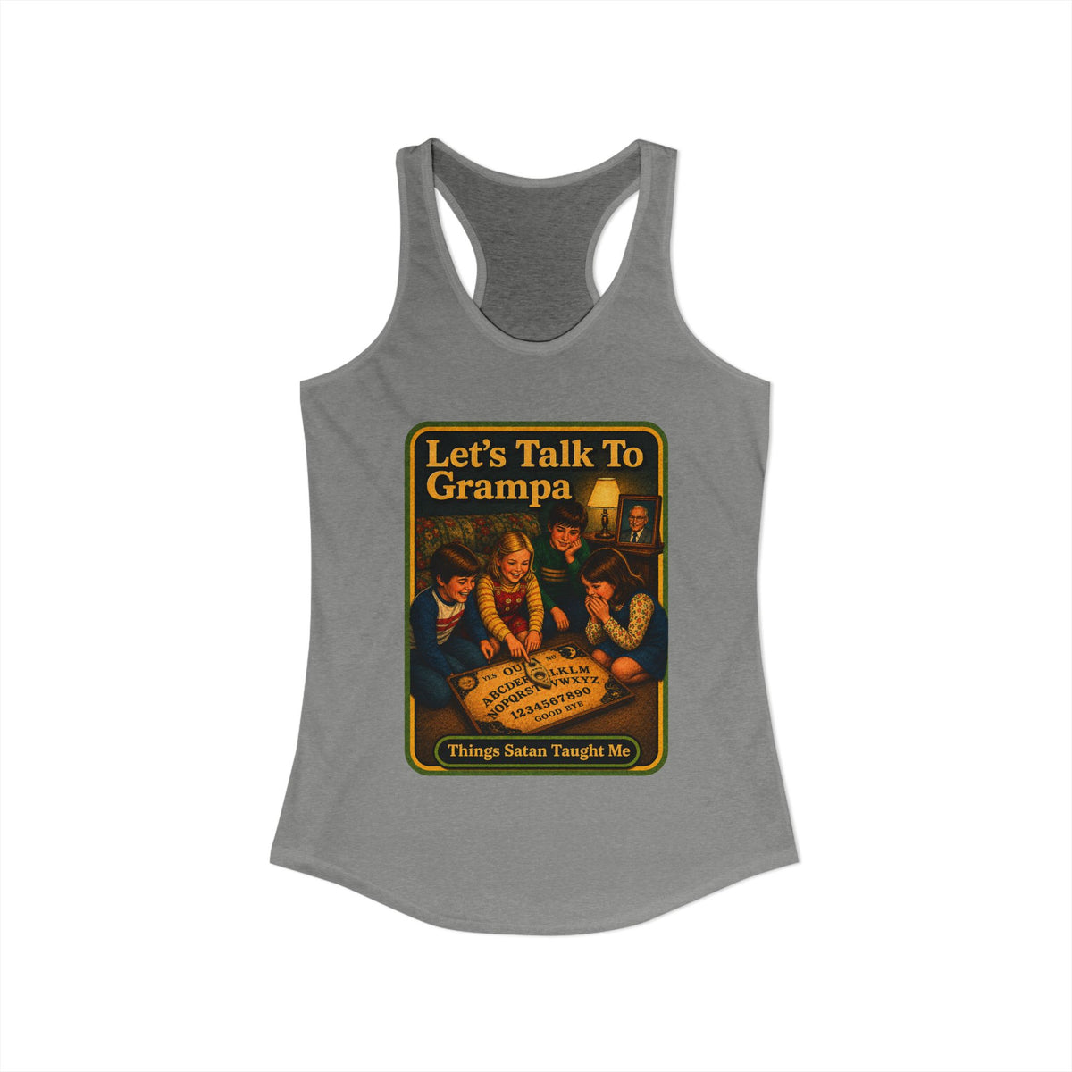 Let's Talk To Grampa Racerback Tank in Heather Grey, view 2