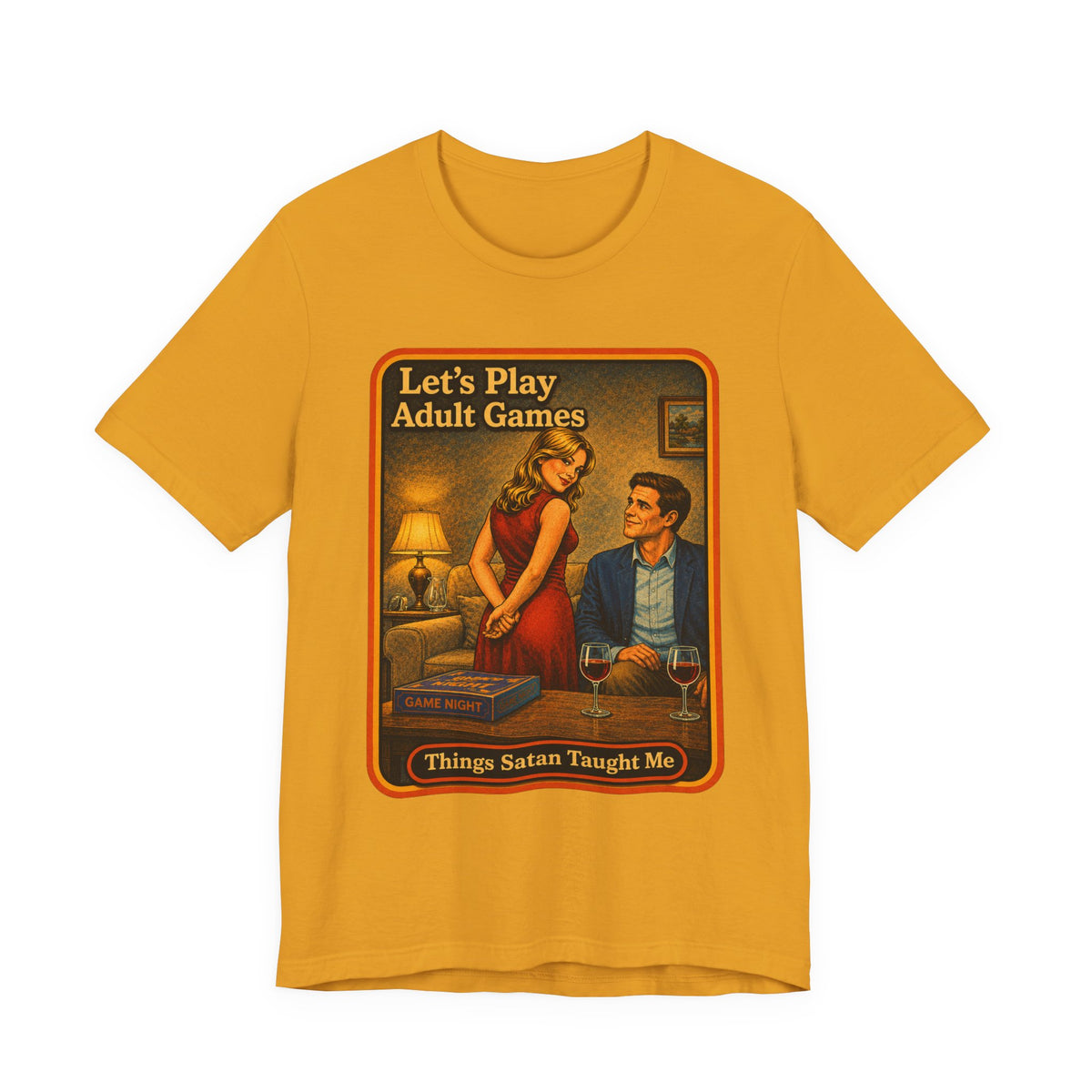 Let's Play Adult Games Unisex Tee in Mustard, front