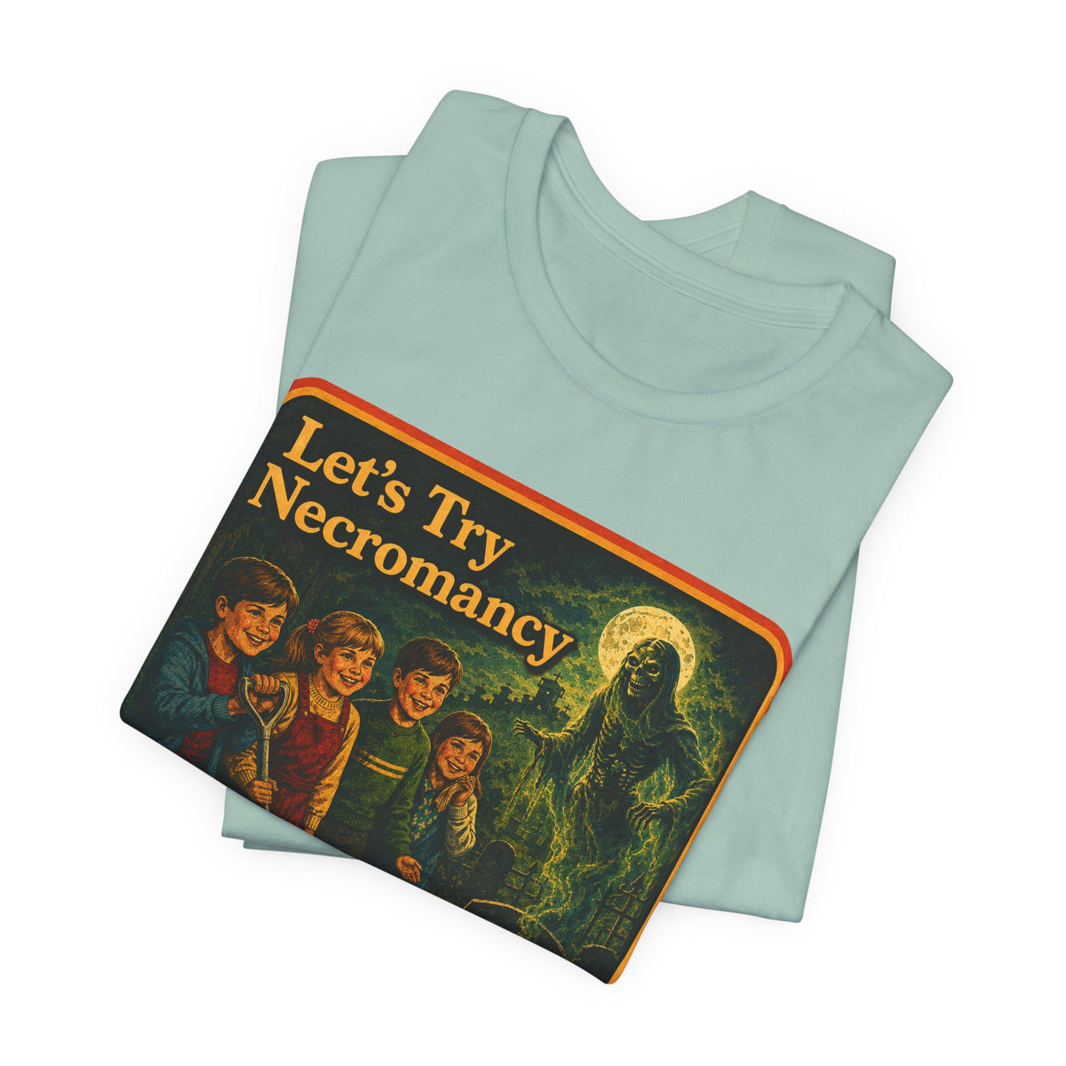 Let's Try Necromancy Unisex Tee in Dusty Blue, view 3