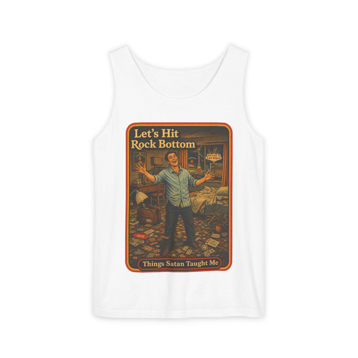 Let's Hit Rock Bottom Wife Beater in White, front