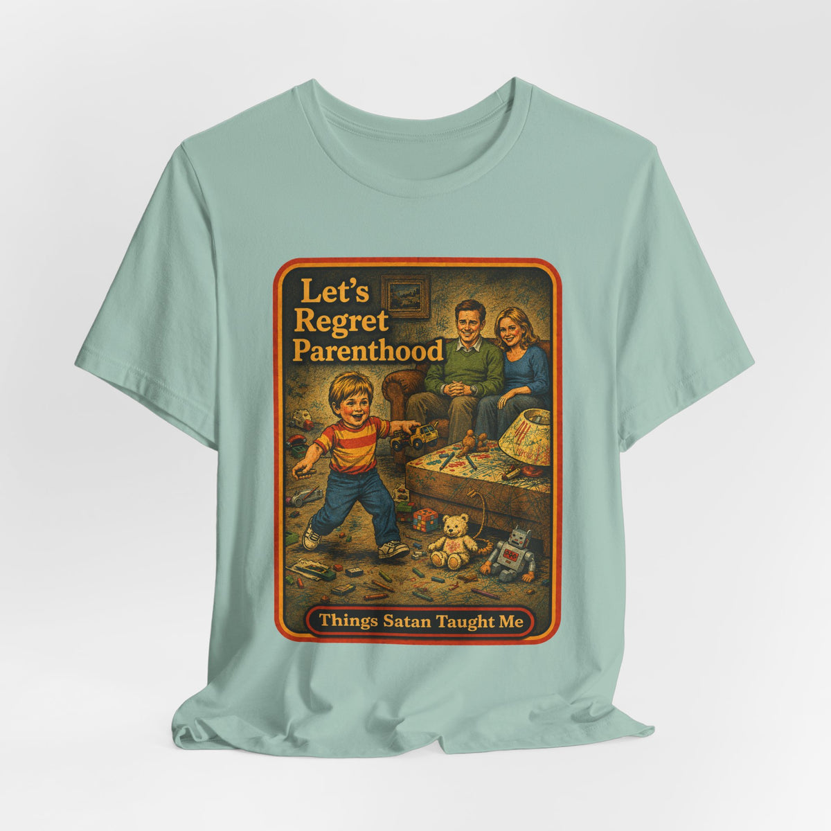 Let's Regret Parenthood Unisex Tee in Dusty Blue, view 4