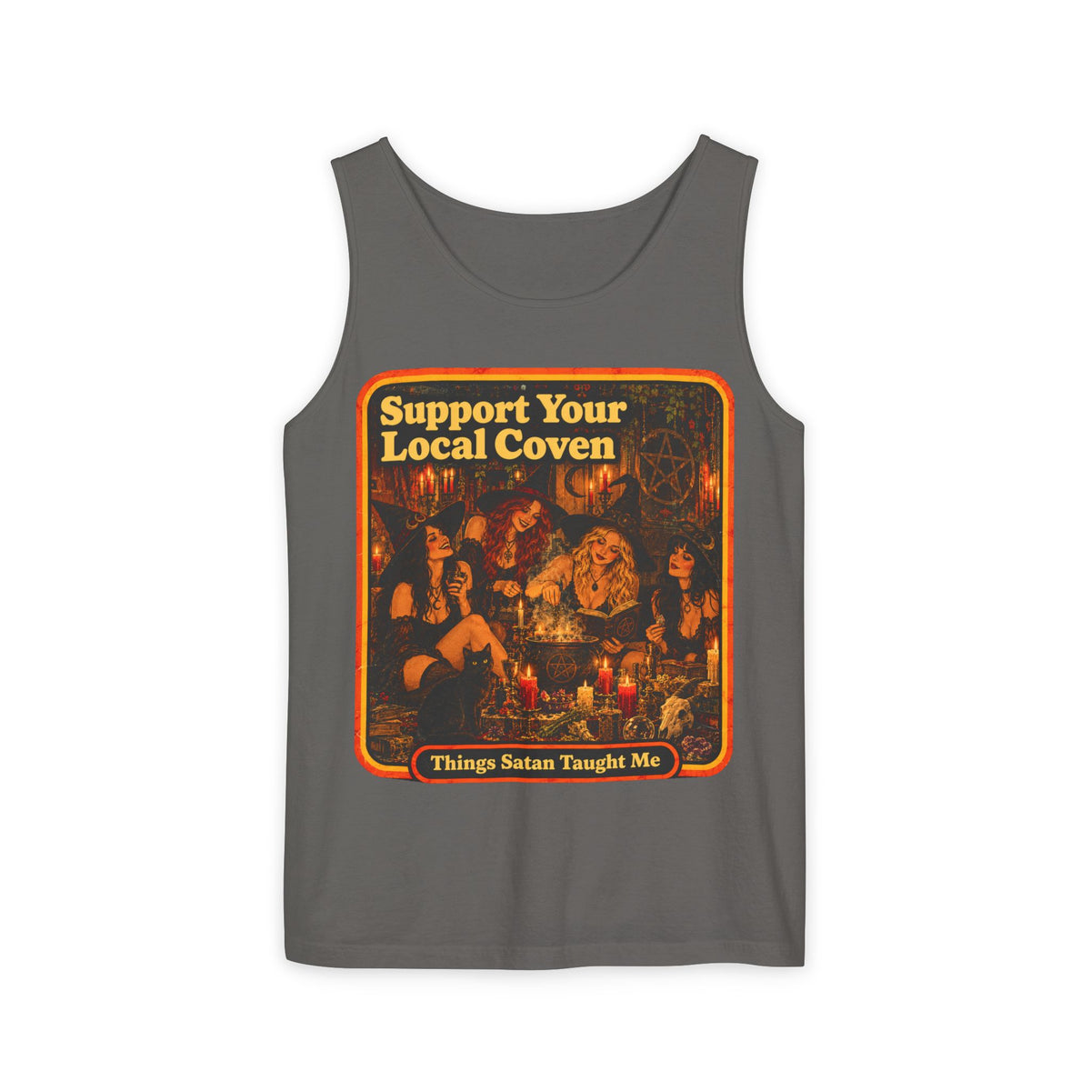 Support Your Local Coven Men's Wife Beater | Things Satan Taught Me  in Pepper, front