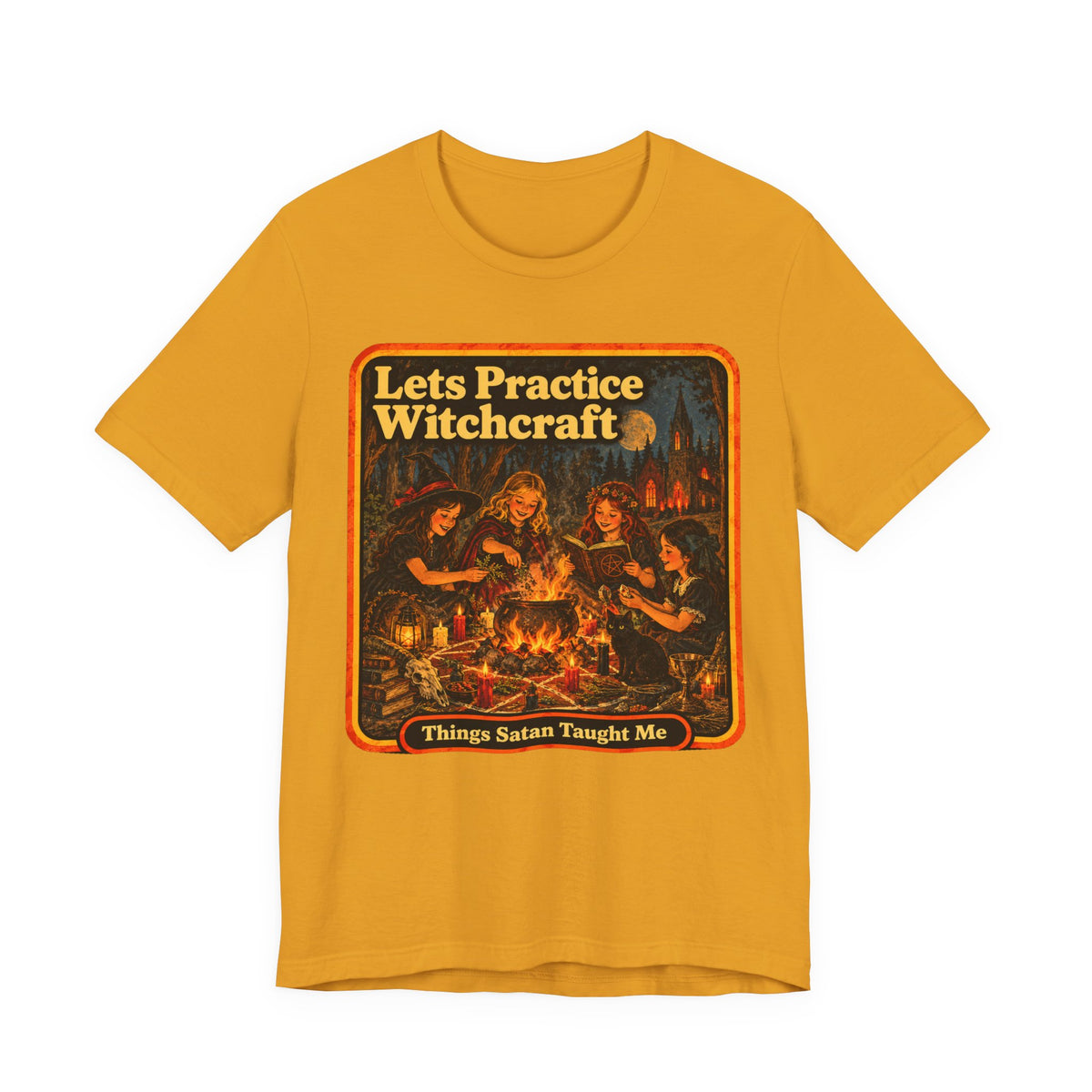 Let's Practice Witchcraft Unisex Tee in Mustard, front