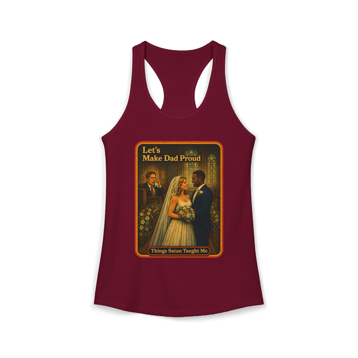 Let's Make Dad Proud No. 2 Racerback Tank in Cardinal Red, front