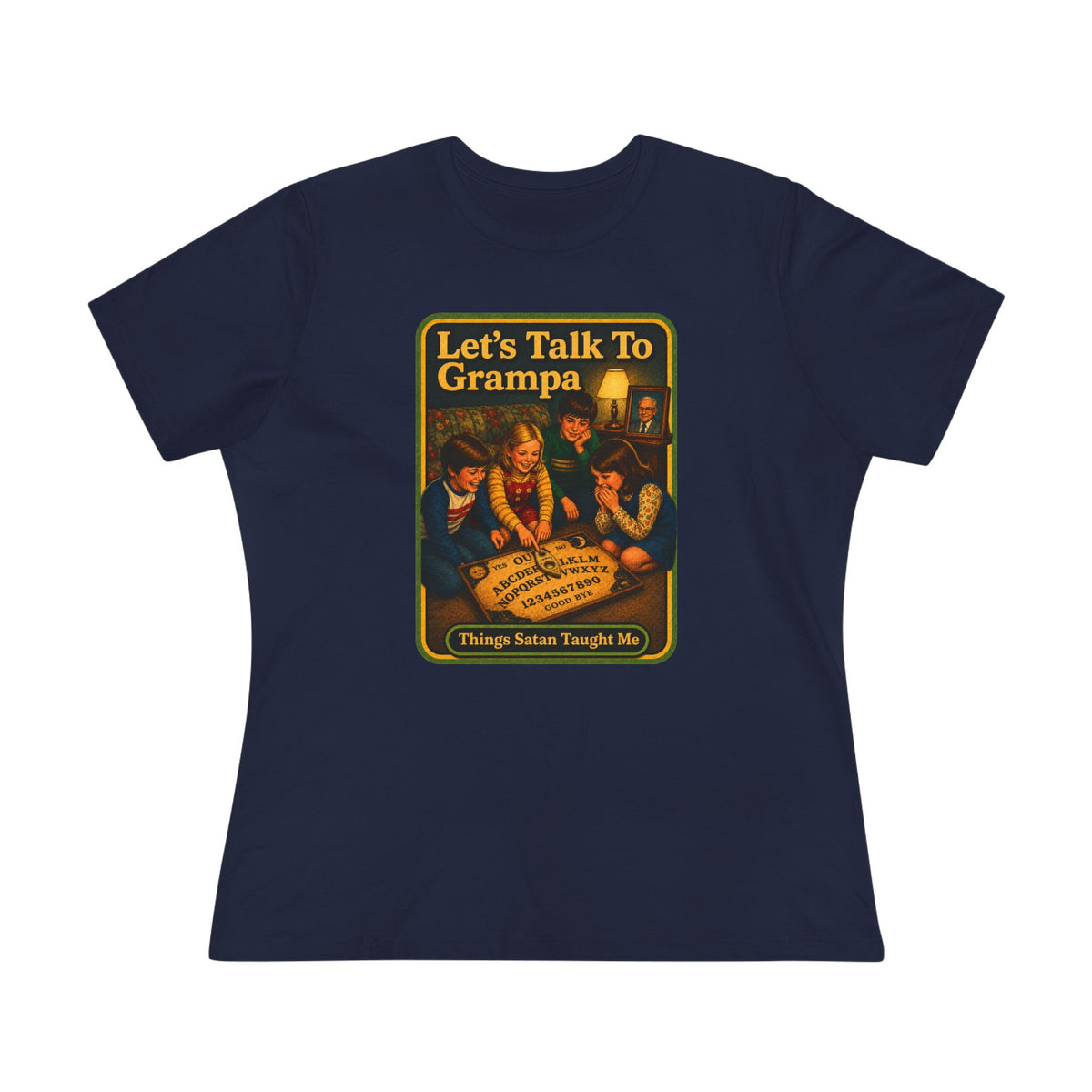 Let's Talk To Grampa Women's Tee in Navy, front