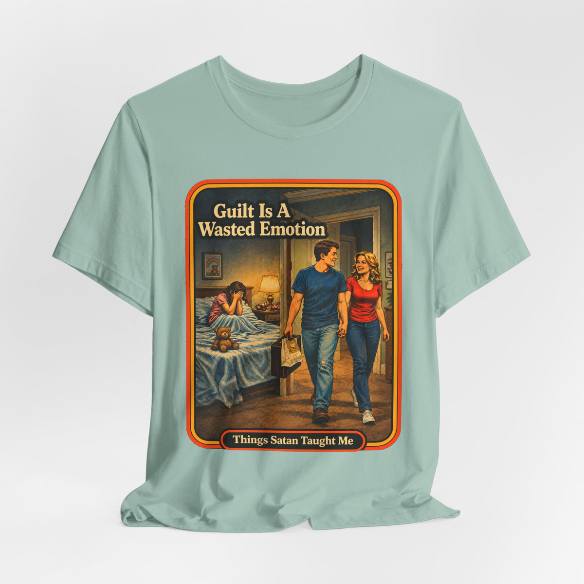 Guilt Is A Wasted Emotion Unisex Tee in Dusty Blue, view 4