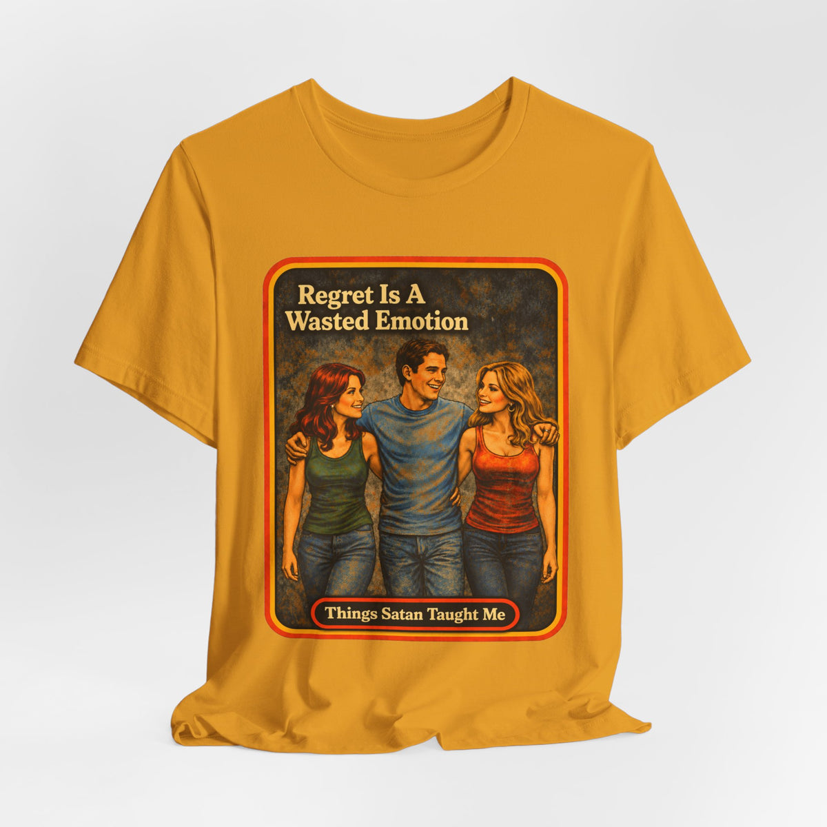 Regret Is A Wasted Emotion Unisex Tee in Mustard, view 4