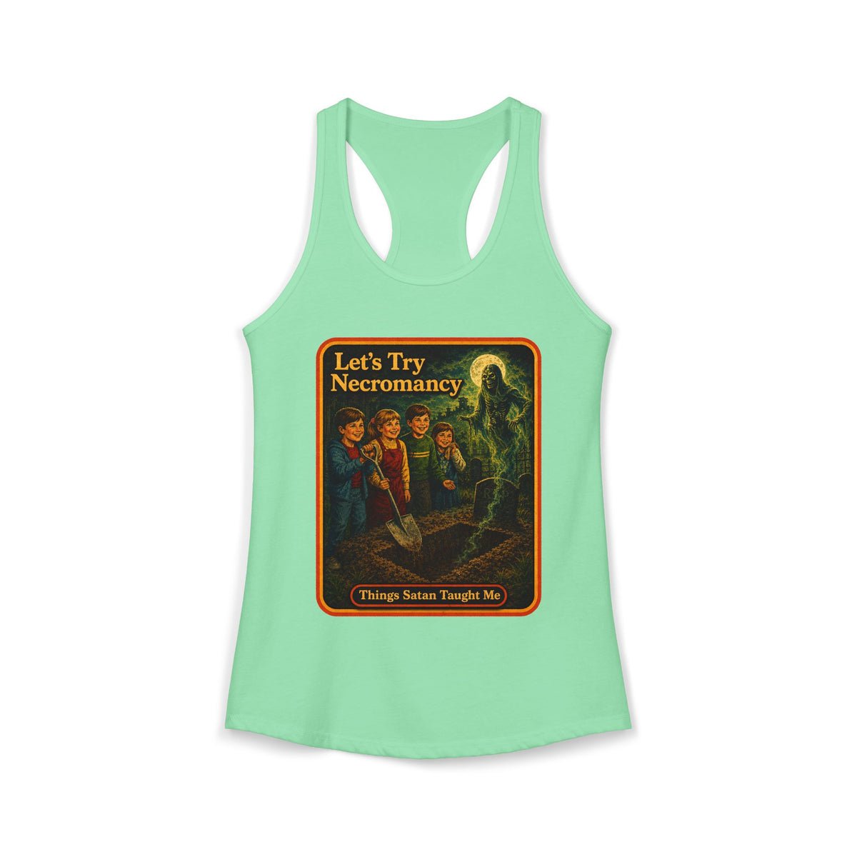 Let's Try Necromancy Racerback Tank in Mint, front