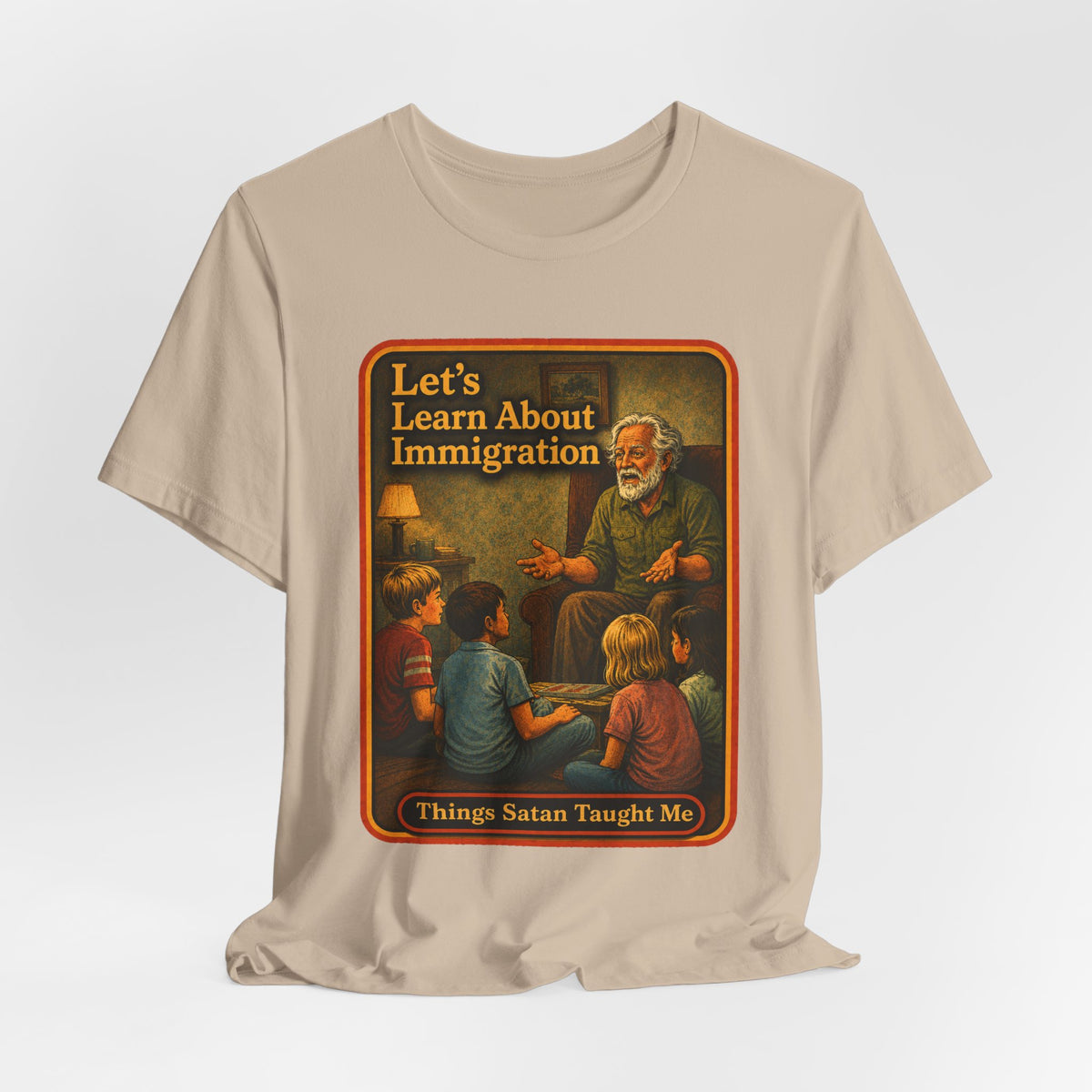Let's Learn About Immigration Unisex Tee in Tan, view 4