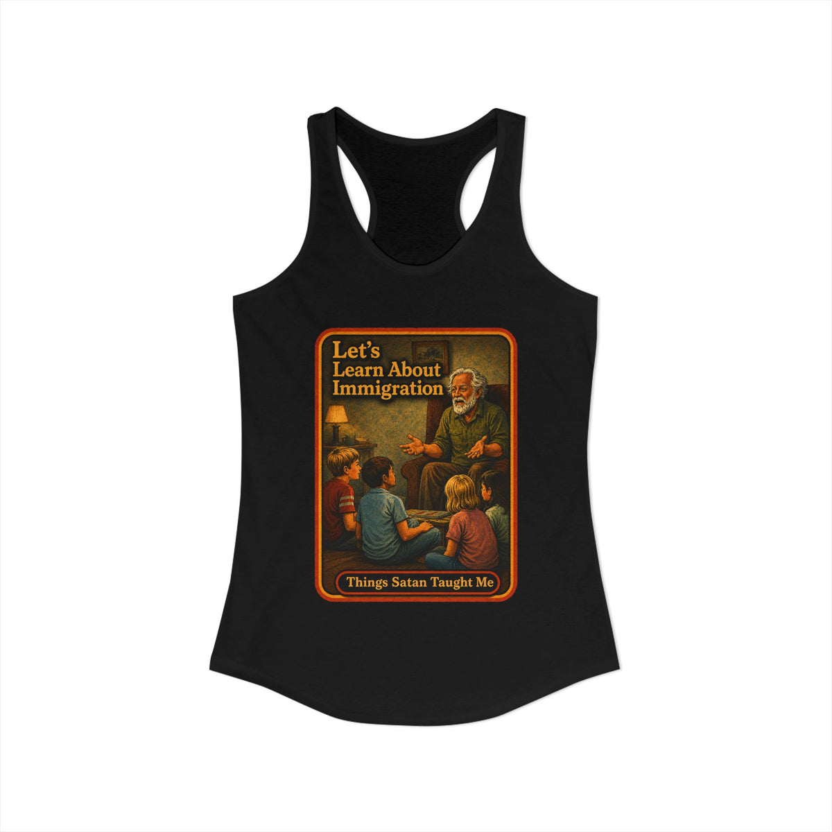 Let's Learn About Immigration Racerback Tank in Black, view 2