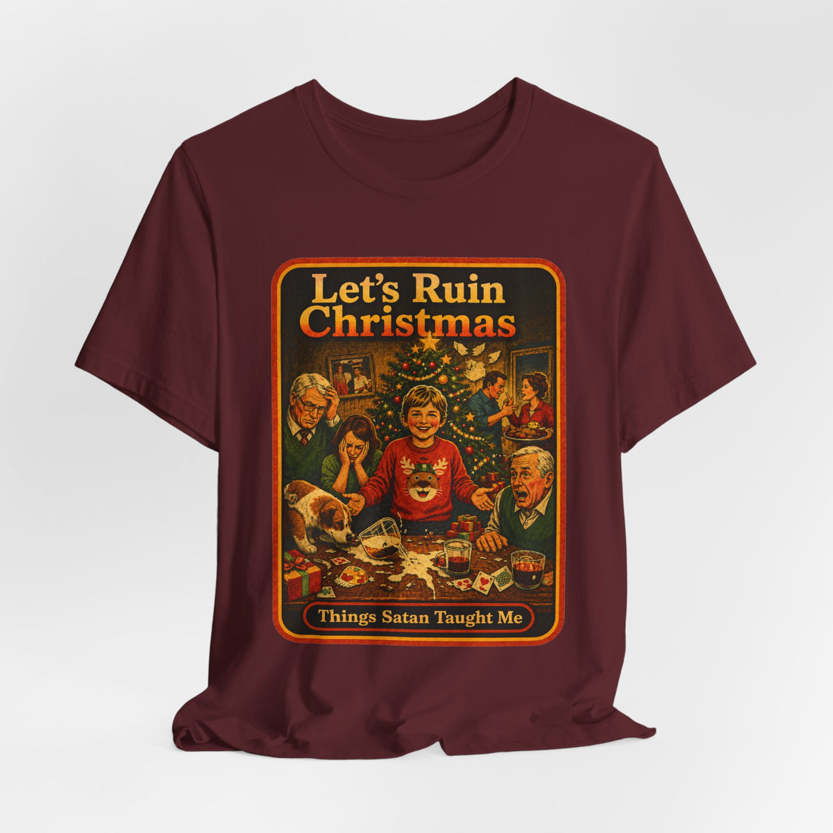 Let's Ruin Christmas Unisex Tee in Maroon, view 4