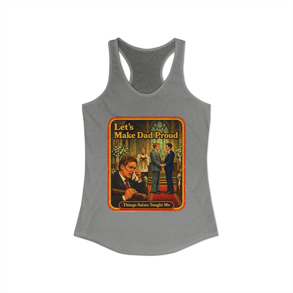 Let's Make Dad Proud Racerback Tank in Heather Grey, view 2