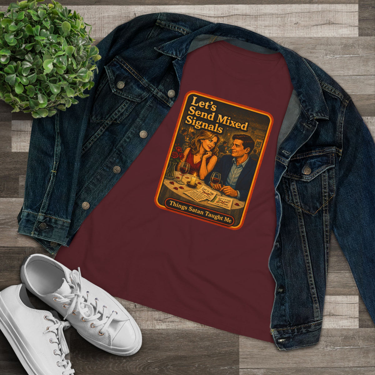 Let's Send Mixed Signals Women's Tee in Maroon, view 3