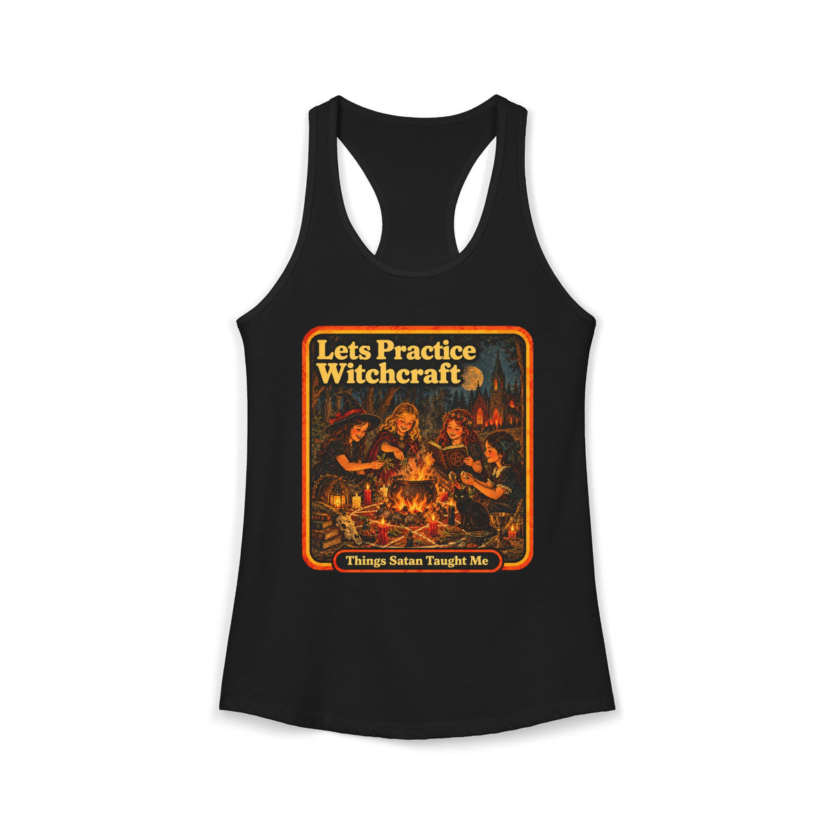 Let's Practice Witchcraft Racerback Tank in Black, front
