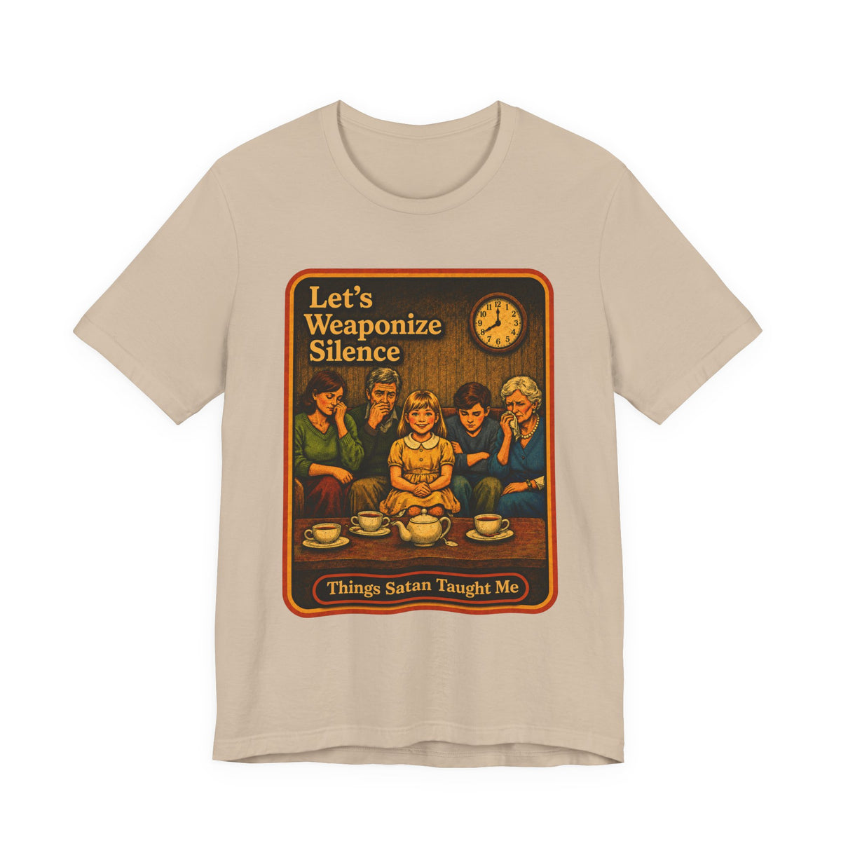 Let's Weaponize Silence Unisex Tee in Tan, front
